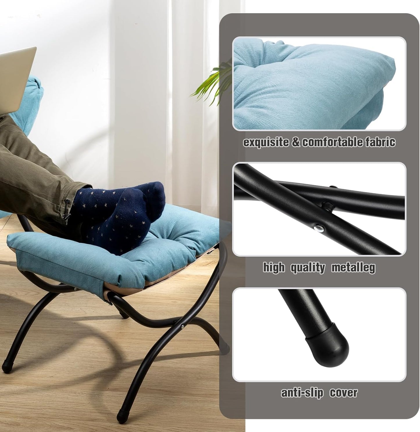 15"(H) Folding Footrest Stool, Upholstered Small Foldable Ottoman, Accent Padded Sofa Foot Stool for Lazy Chair, Metal Frame Portable Foot Rest Ottoman for Home, Living Room, Bedroom, Blue