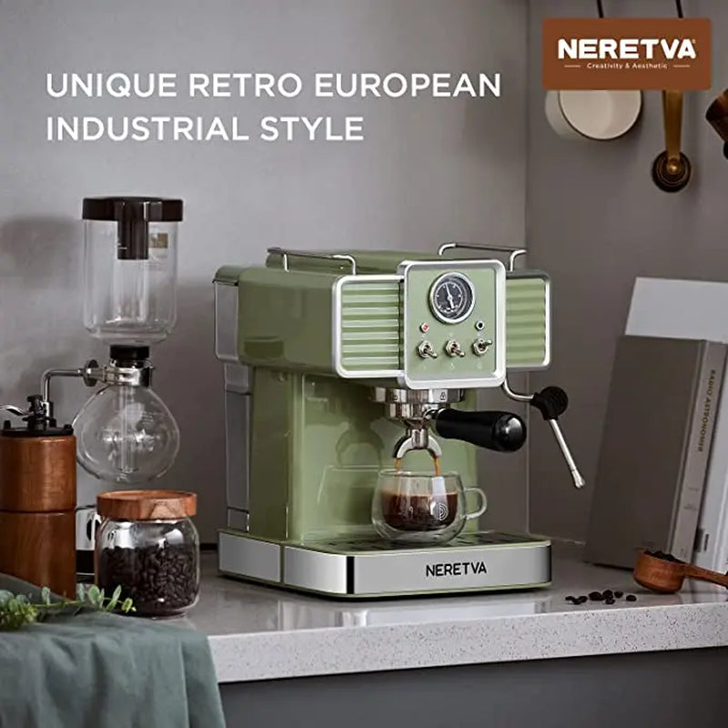Neretva Espresso Coffee Machine 15 Bar Espresso Maker with Milk Frother Steam Wand Cappuccino, Latte for Home Barista, 1.6L Removable Water Tank, Coffee Spoon, Milk Frothing Pitcher, Vintage Green