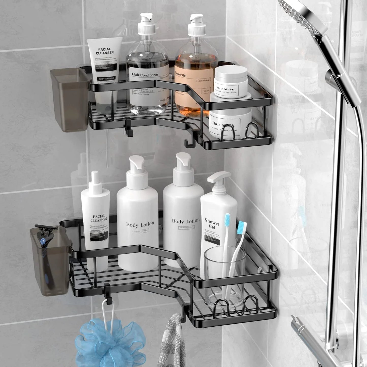 Corner Shower Caddy, 2 Pack Adhesive Shower Corner Organizer Shelves, Stainless Steel Shower Storage Rack with Hooks, Toothpaste&Soap Holder, No Drilling for Bathroom, Dorm and Kitchen-Black