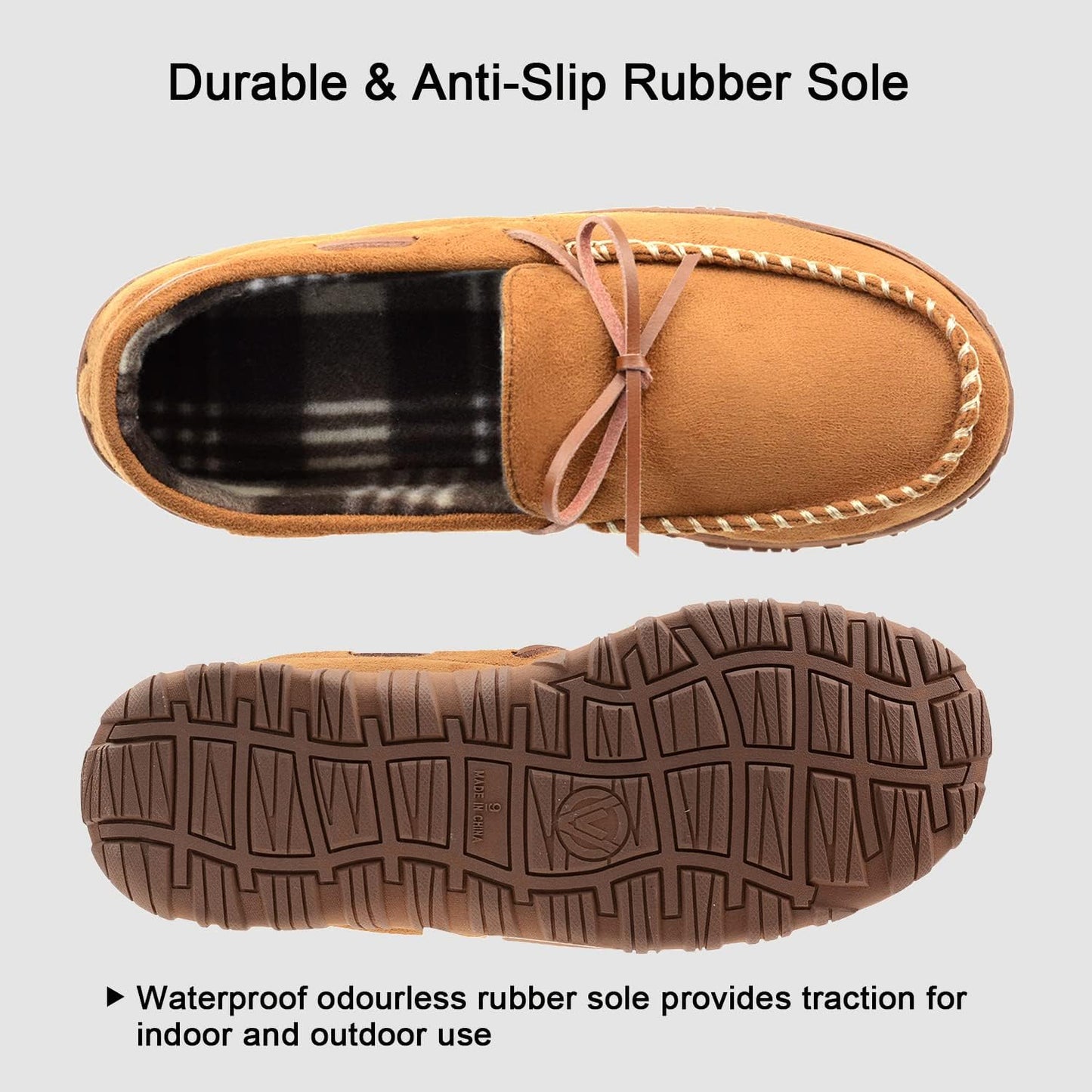 Mens Moccasin Slippers Memory Foam Indoor Outdoor House Shoes with Hard Sole