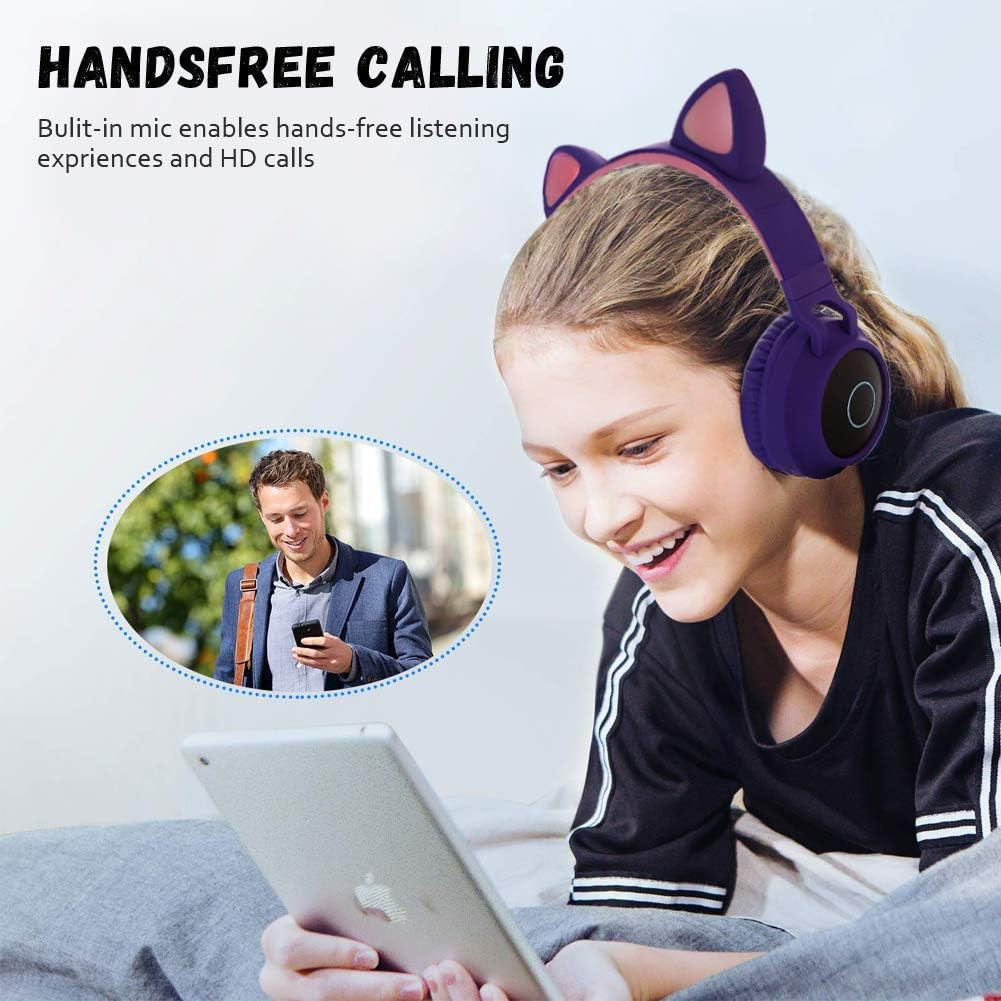 Kids Bluetooth 5.0 Cat Ear Headphones Foldable On-Ear Stereo Wireless Headset with Mic LED Light and Volume Control Support TF Card Aux in Compatible with Smartphones PC Tablet (Pink)