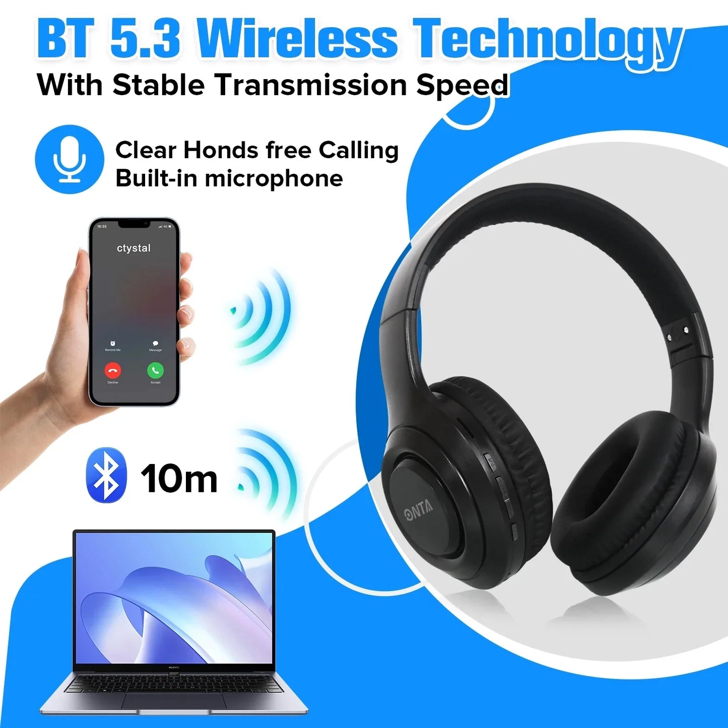 Noise Cancelling Headphones with Microphone Wireless Over-Ear Bluetooth Headphones, Hi-Res Audio, Deep Bass, Memory Foam Ear Cups, Quick Charge, for TV, Travel, Home Office