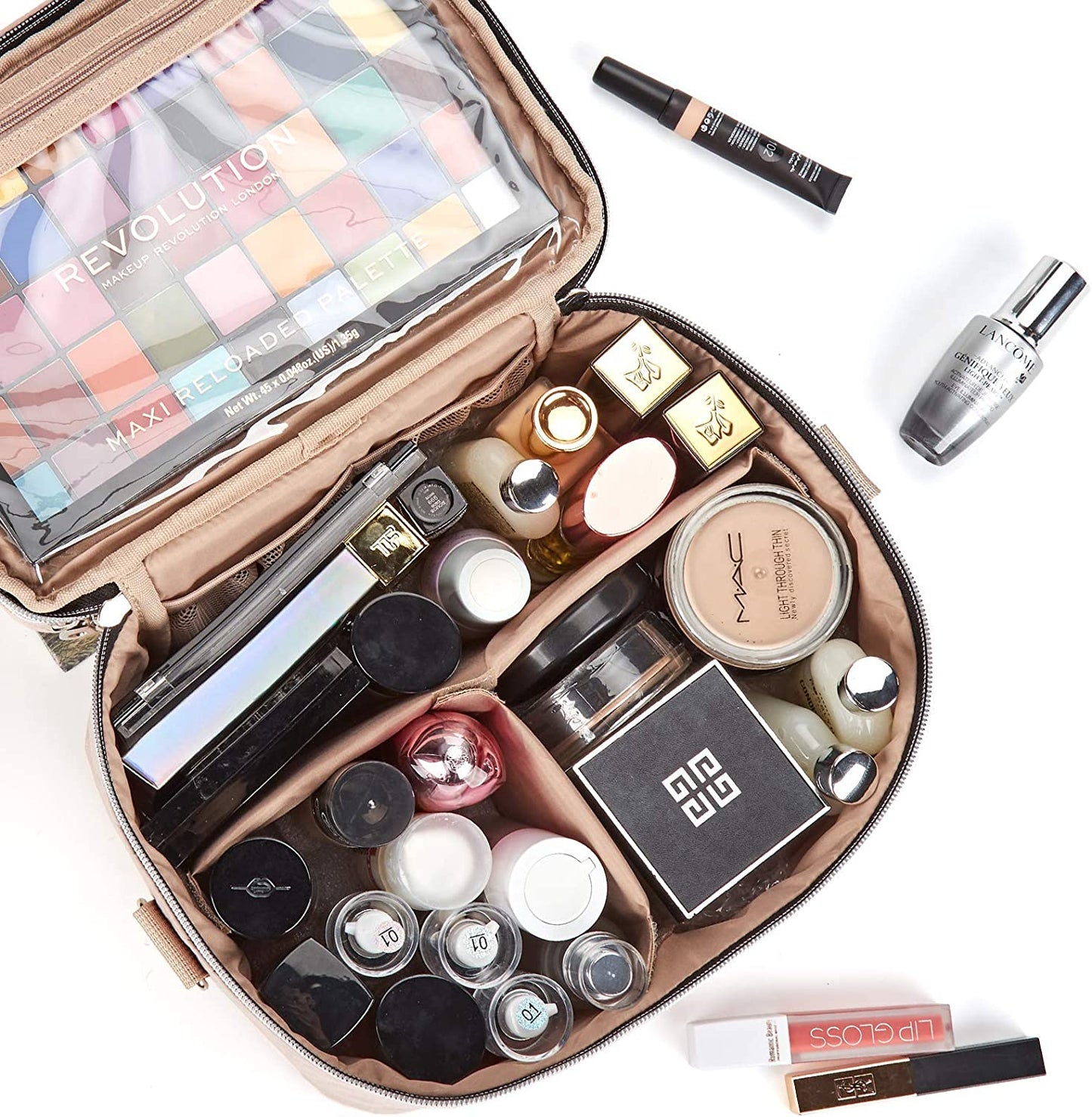Double Layer Makeup Bag for Travel, Portable Cosmetic Organizer for Brushes Sets, Large Toiletry Holder with Straps, Pink