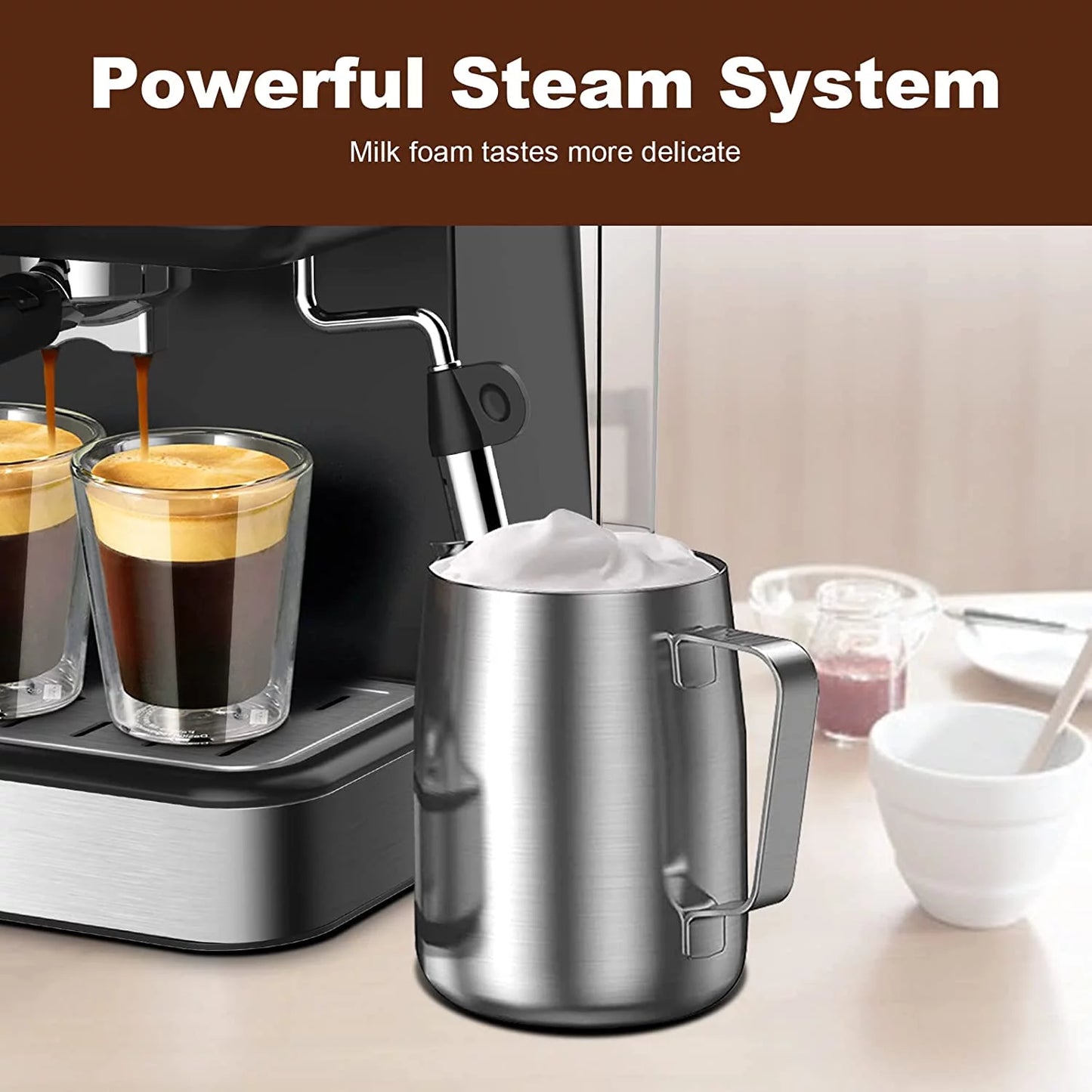 Espresso Machine, 20 Bar Coffee Maker with Milk Frother, 1.5L Water Tank, Stainless Steel