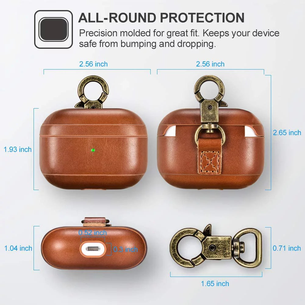Airpods Pro Leather Case with Strap, Genuine Leather Portable Protective Shockproof Cover for Apple Airpods Pro Case Keychain Support Wireless Charging ( OLD MODEL )