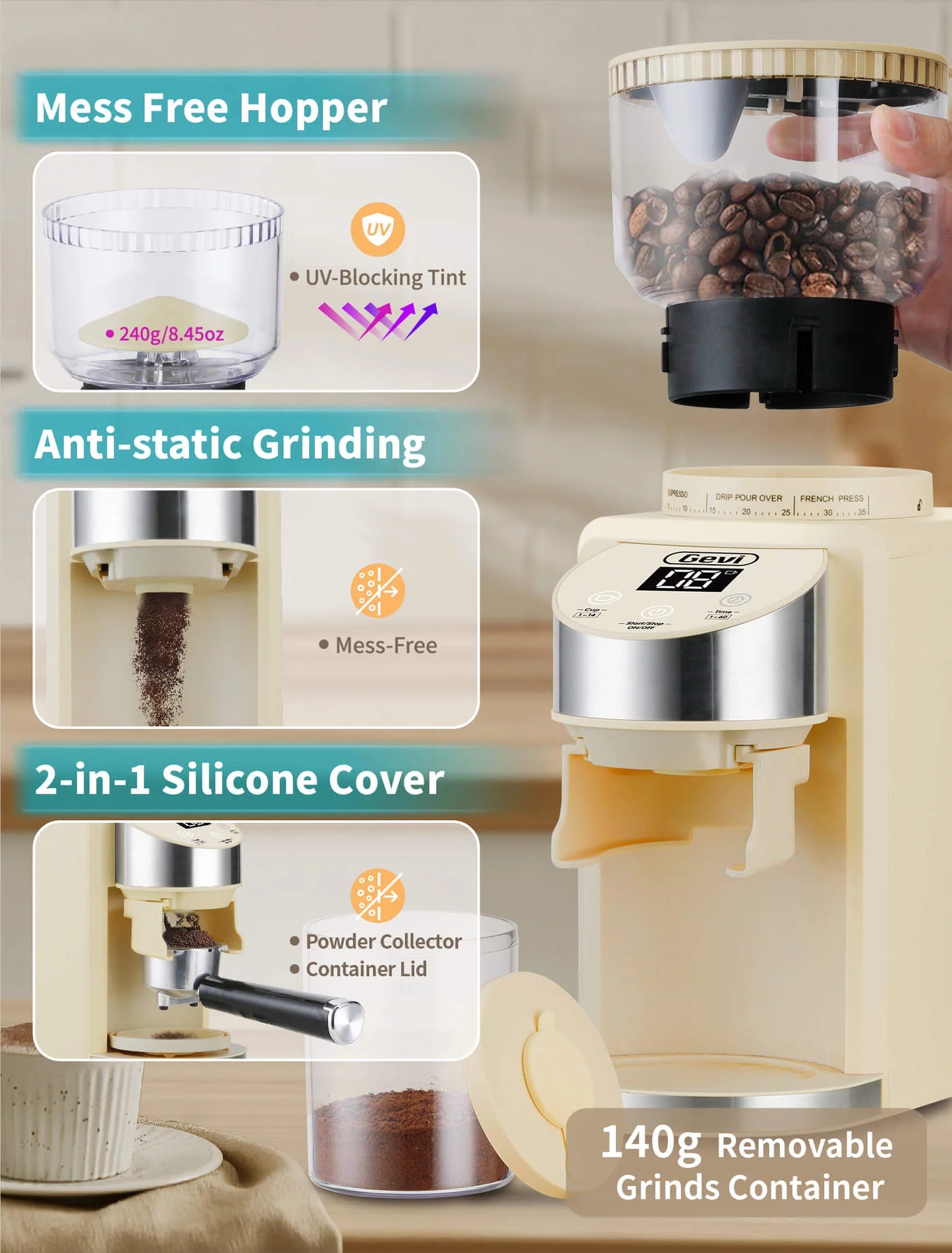 Burr Coffee Grinder Adjustable Burr Mill with 35 Precise Grind Settings,Beige