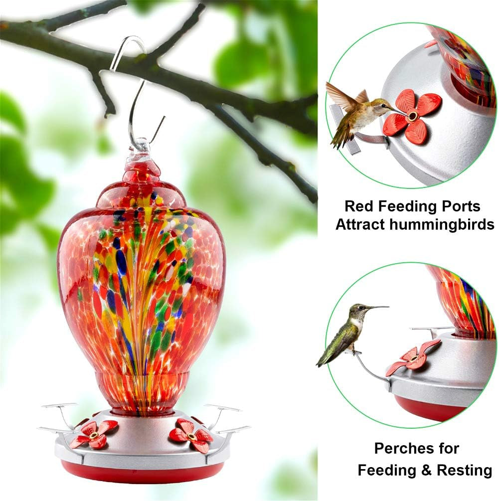 Hummingbird Feeder for Outdoors Patio Large 32 Ounces Colorful Hand Blown Glass Hummingbird Feeder with Ant Moat Hanging Hook, Rope, Brush and Service Card (Red-Firework)