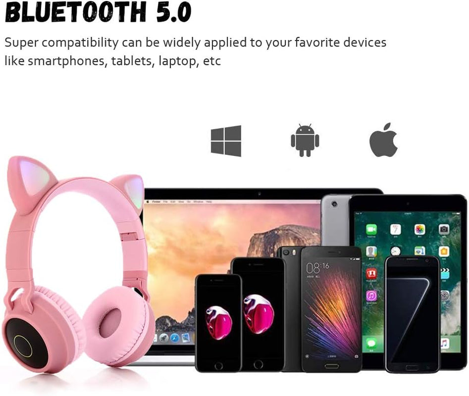 Kids Bluetooth 5.0 Cat Ear Headphones Foldable On-Ear Stereo Wireless Headset with Mic LED Light and Volume Control Support TF Card Aux in Compatible with Smartphones PC Tablet (Pink)
