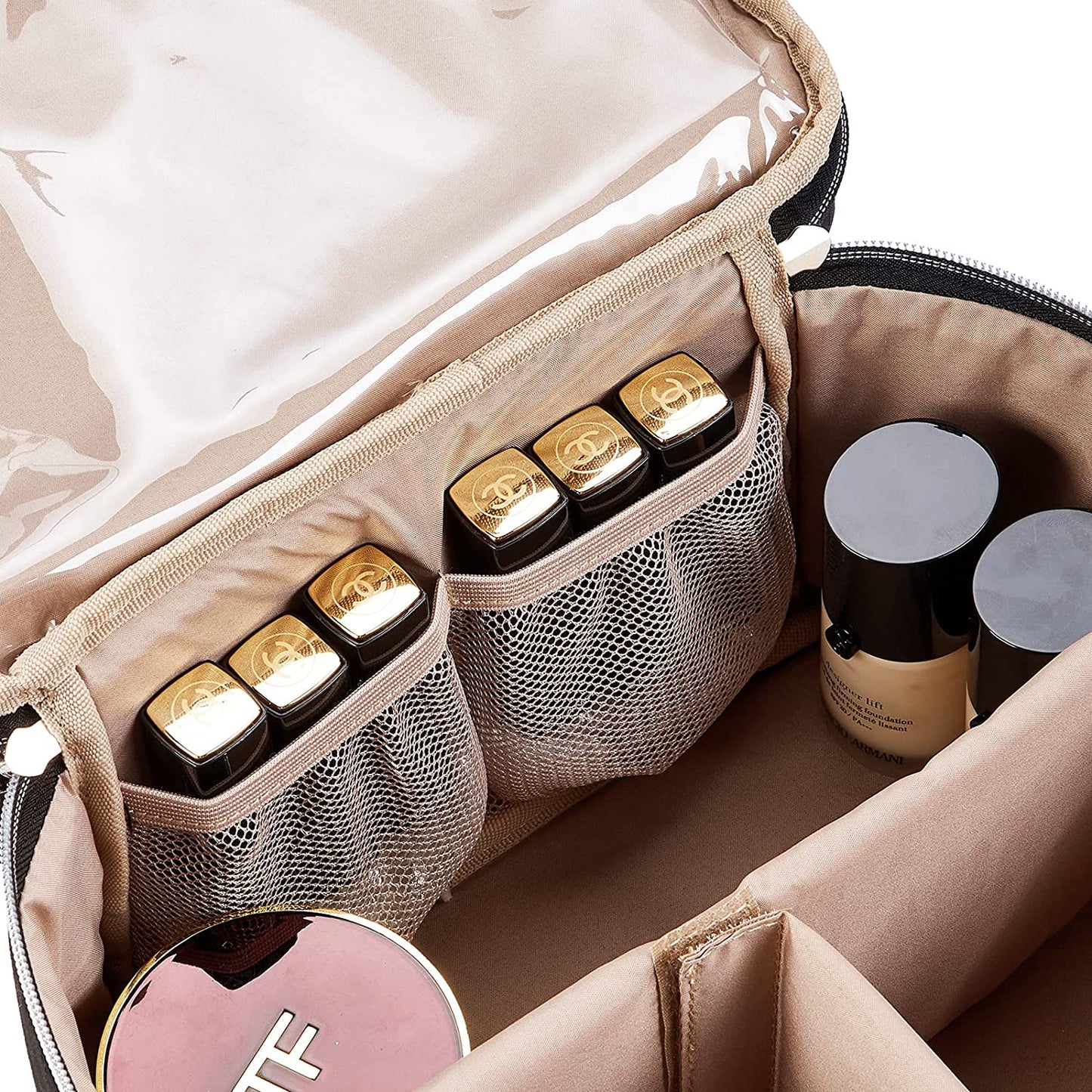 Double Layer Makeup Bag for Travel, Portable Cosmetic Organizer for Brushes Sets, Large Toiletry Holder with Straps, Pink