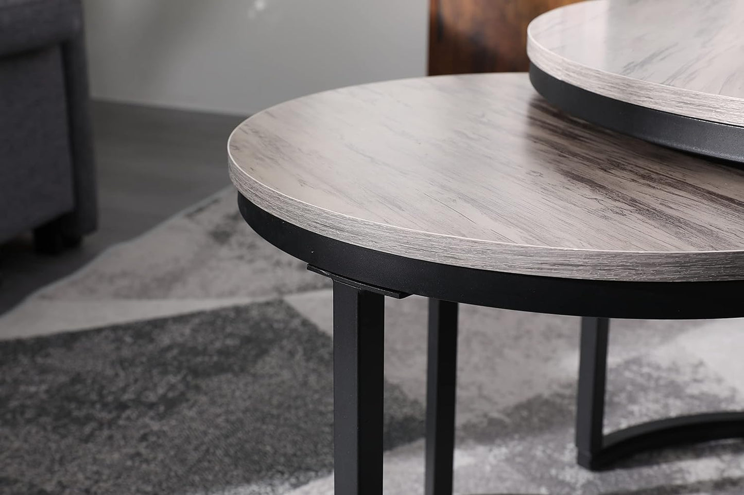 Modern Nesting Coffee Table Set of 2 for Living Room, Balcony, Garden, round Table with Wood Side, Sturdy Metal Frame, Easy Assemble,Antique Grey