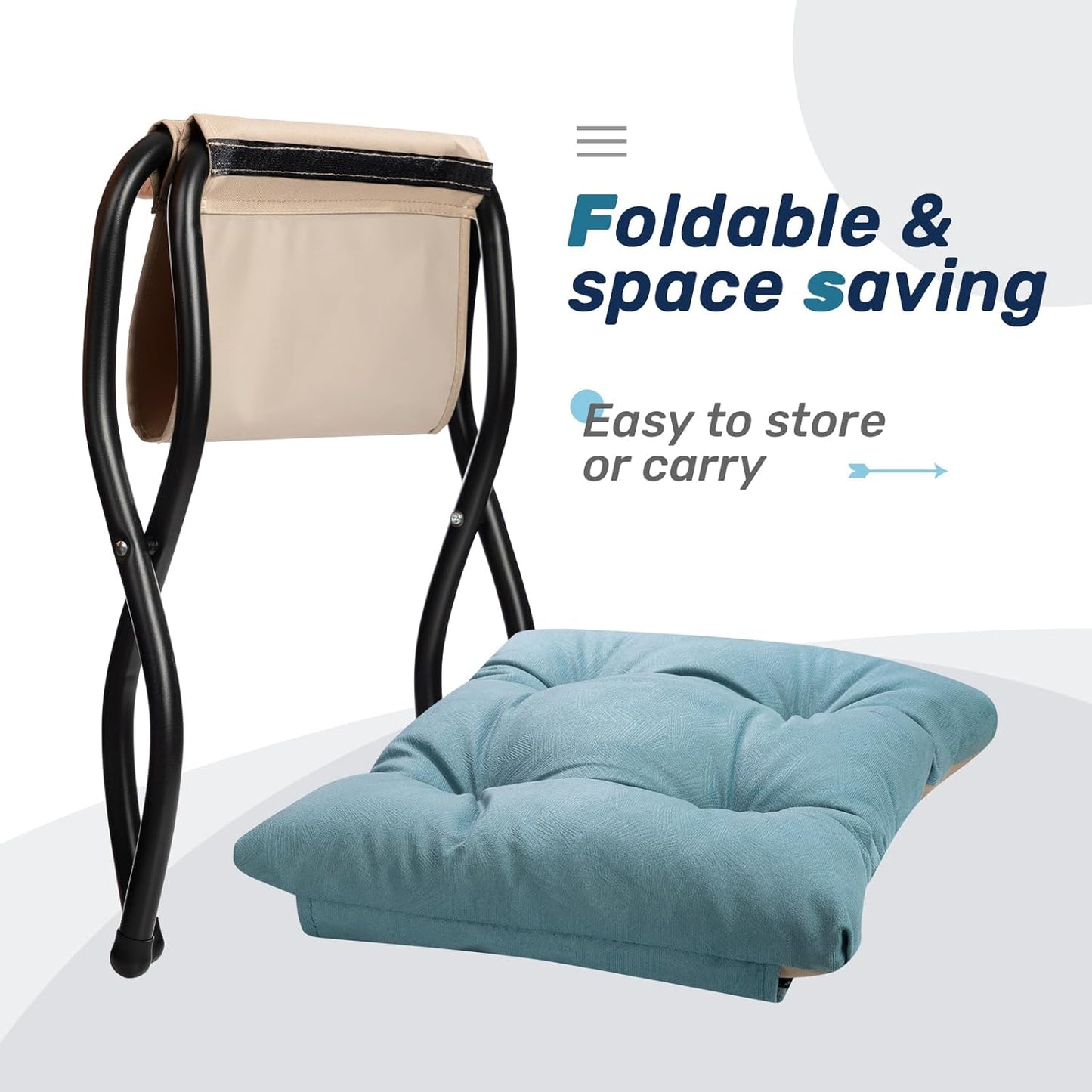 15"(H) Folding Footrest Stool, Upholstered Small Foldable Ottoman, Accent Padded Sofa Foot Stool for Lazy Chair, Metal Frame Portable Foot Rest Ottoman for Home, Living Room, Bedroom, Blue