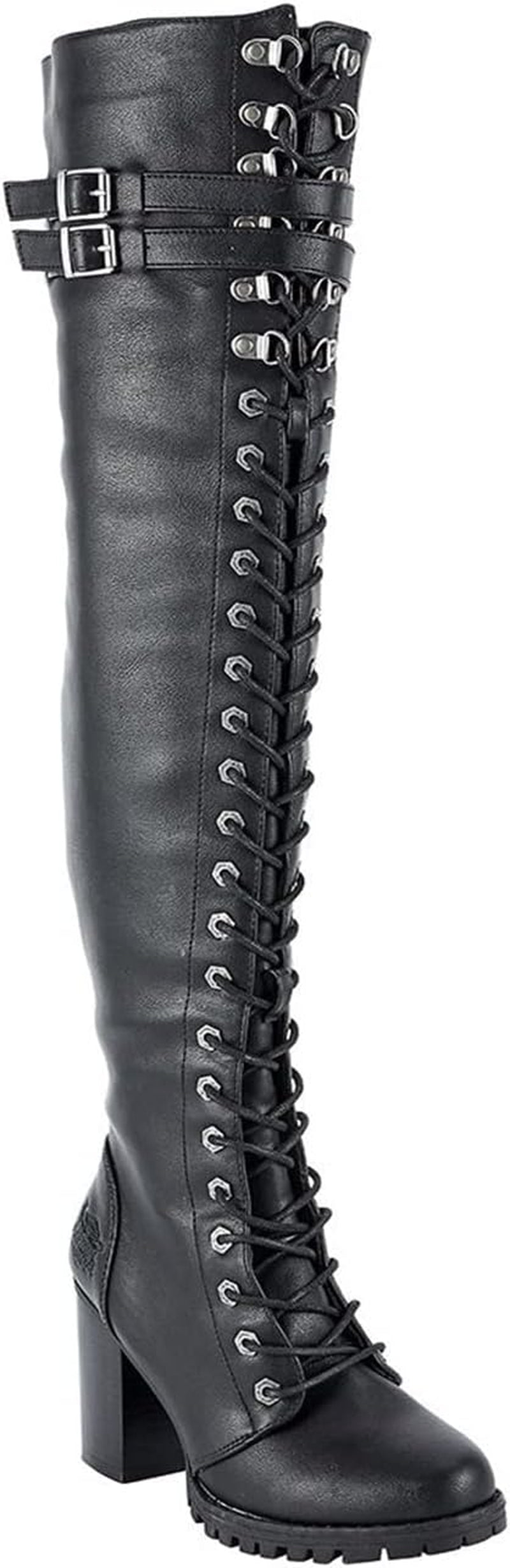 Ladies Knee High Laced Boots Sexy over the Knee Boots for Women Black Motorcycle Leather Boots with Calf Buckle
