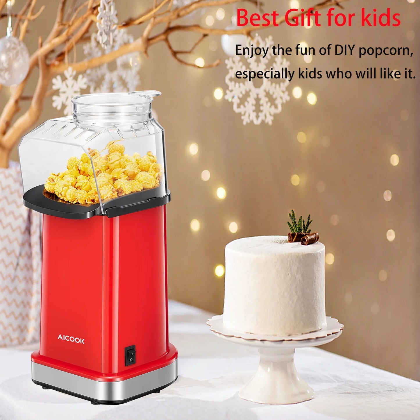 18Cups Hot Air Popcorn Popper Maker, 1400W, Oil-Free, with Measuring Cup, Red
