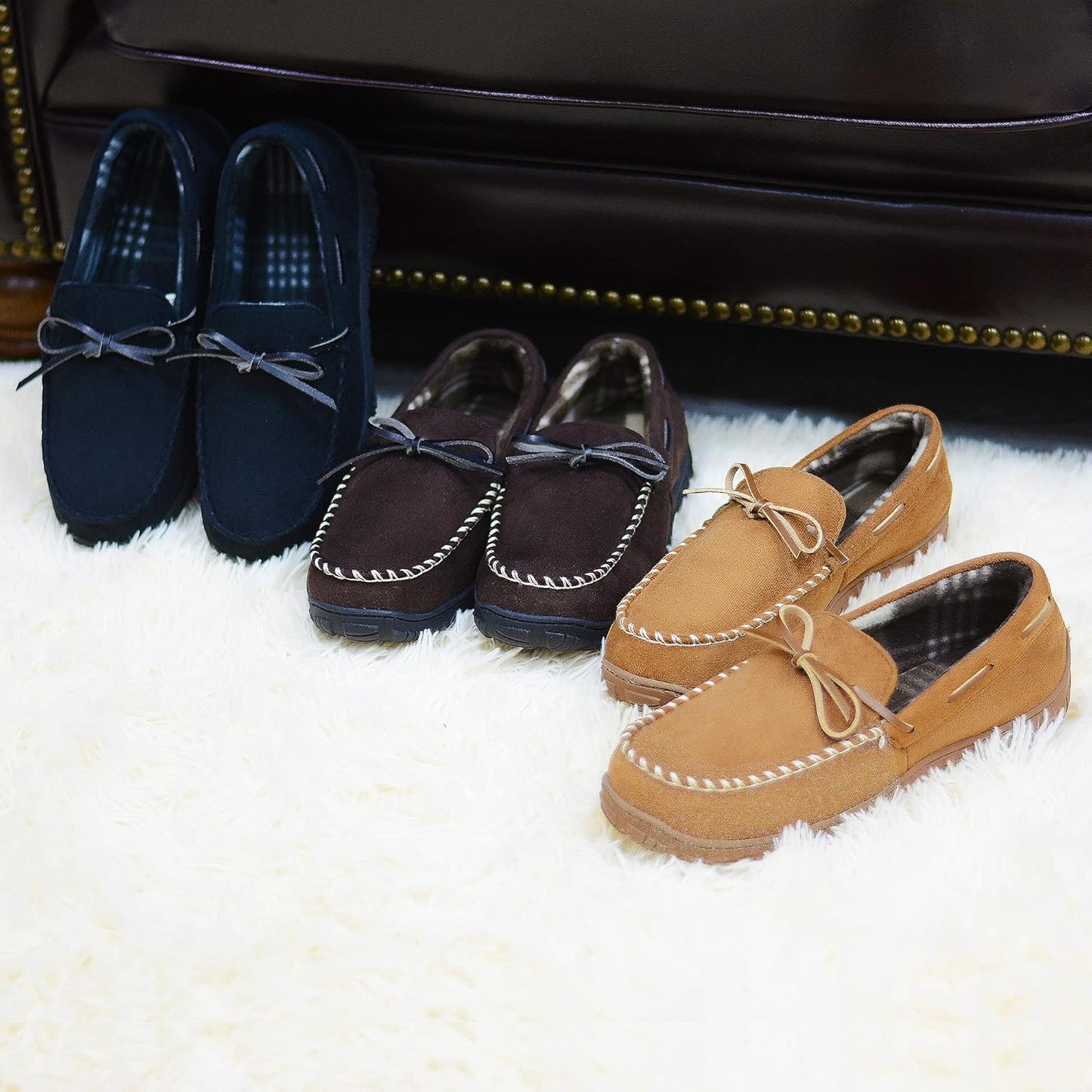 Mens Moccasin Slippers Memory Foam Indoor Outdoor House Shoes with Hard Sole