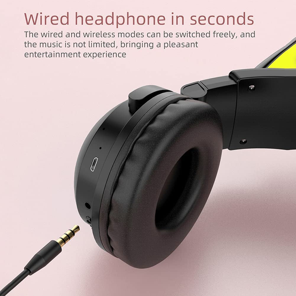 Cat Ear Wireless Headphones with Microphone, with LED Light up over Ear Headphones Adjustable Volume and Foldable Headset for Tablet PC Cell Phones(Black)