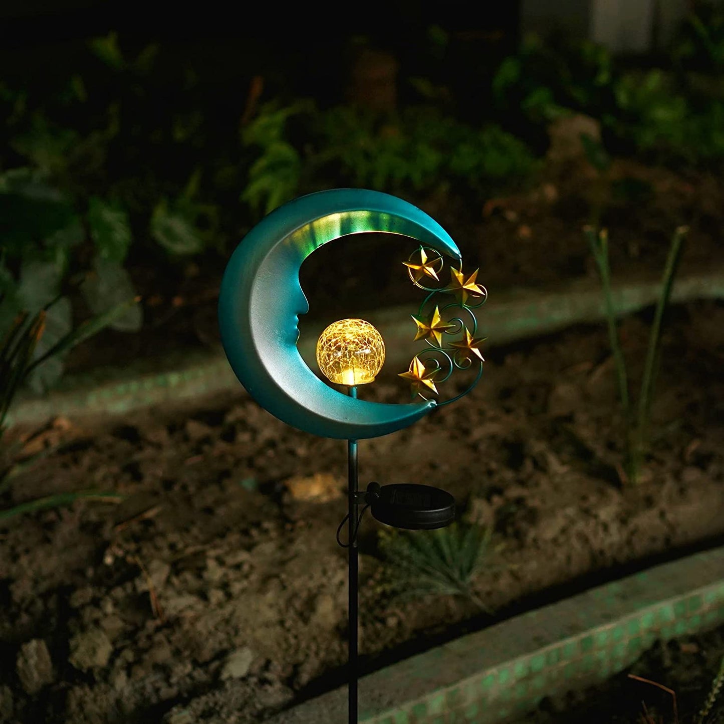 Solar Moon Lights, Outdoor Garden Lights with Crackle Glass Ball and Golden Stars, Waterproof Pathway Stake Lights for Lawn, Patio, Yard (1 Pack, Blue)