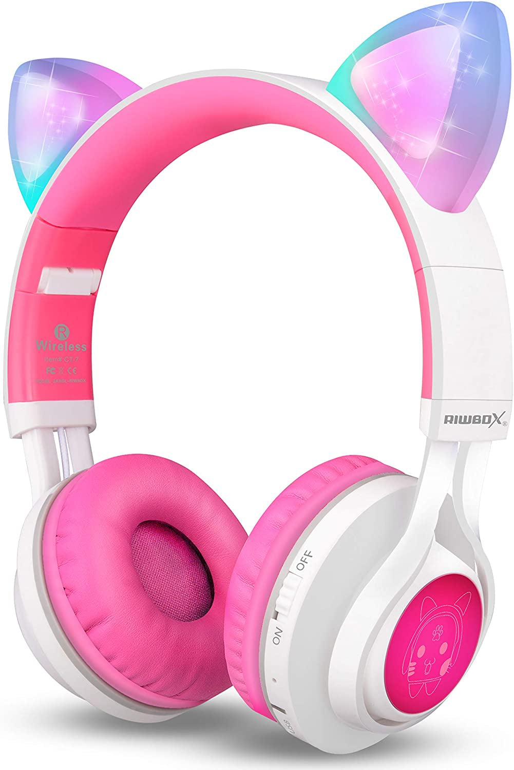 CT-7 Cat Ear Bluetooth Headphones - Fun LED Light-Up Wireless Over-Ear Headphones with Microphone and Volume Control for Kids, Perfect for Travel, School, and Gaming