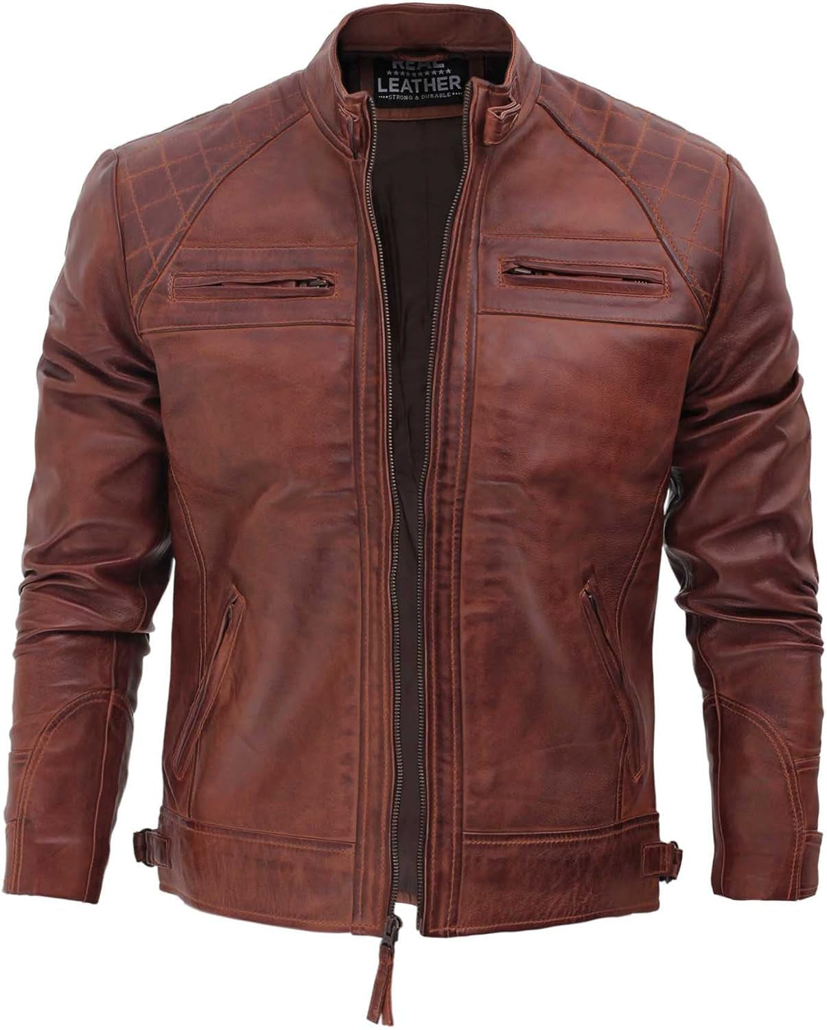 Real Lambskin Leather Biker Jacket - Quilted Cafe Racer Zip up Moto Jackets Men