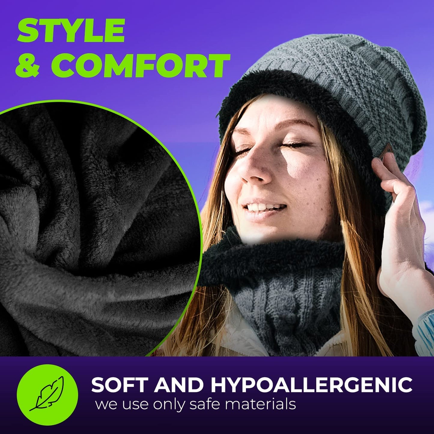 Wireless Beanie - Wireless Headphones Hat and Scarf Set for Winter Outdoor Men Women Warm Knitted Music Hat with Backpack - Built-In Microphone