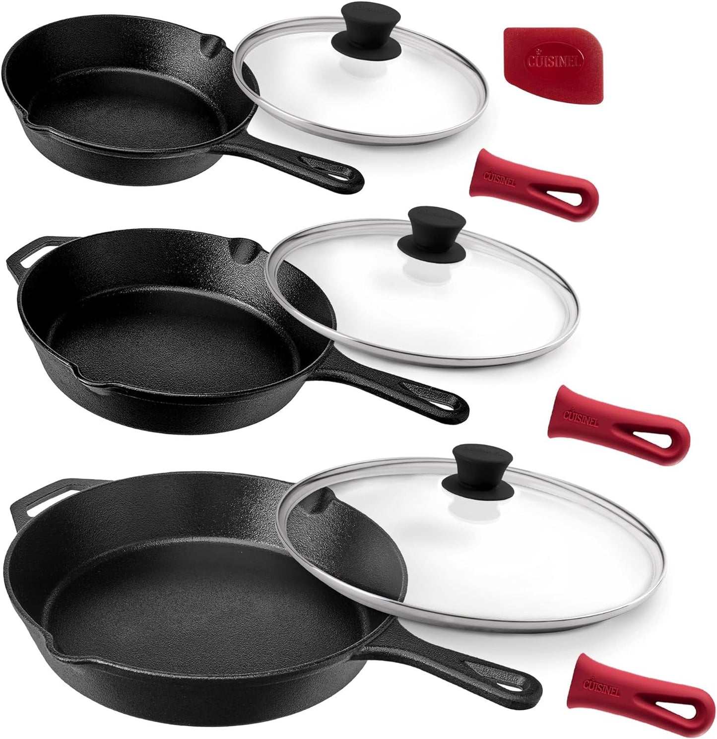 "Ultimate Cast Iron Skillets Set - Pre-Seasoned 12", 10", & 8" Frying Pans with Silicone Grip Covers - Versatile Cookware for Indoor/Outdoor Cooking, BBQ, Oven, and More!"