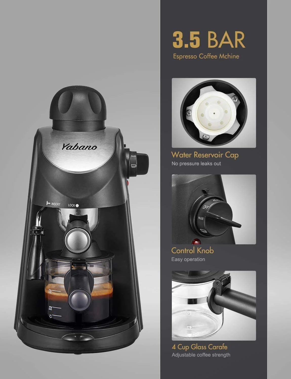 Espresso Machine, 3.5 Bar 4 Cup Steam Espresso Cappuccino Maker with Milk Frother, 800W, Black