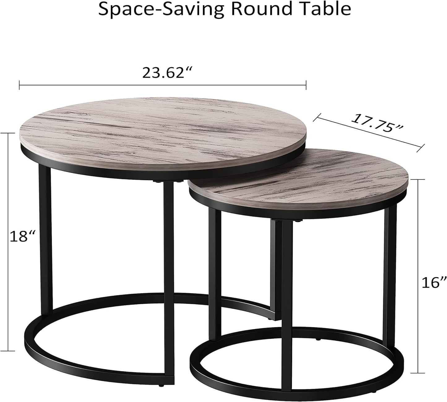Modern Nesting Coffee Table Set of 2 for Living Room, Balcony, Garden, round Table with Wood Side, Sturdy Metal Frame, Easy Assemble,Antique Grey