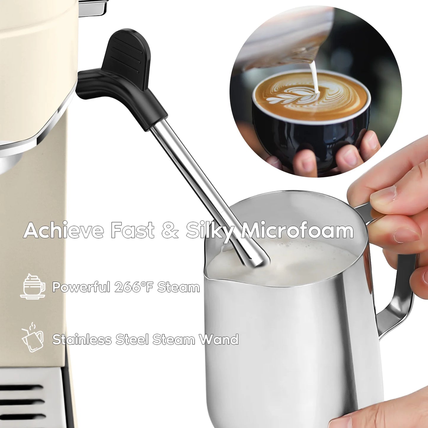 20 Bar Espresso Machine with Milk Frother and 34 Oz Water Tank, Stainless Steel, New, Beige