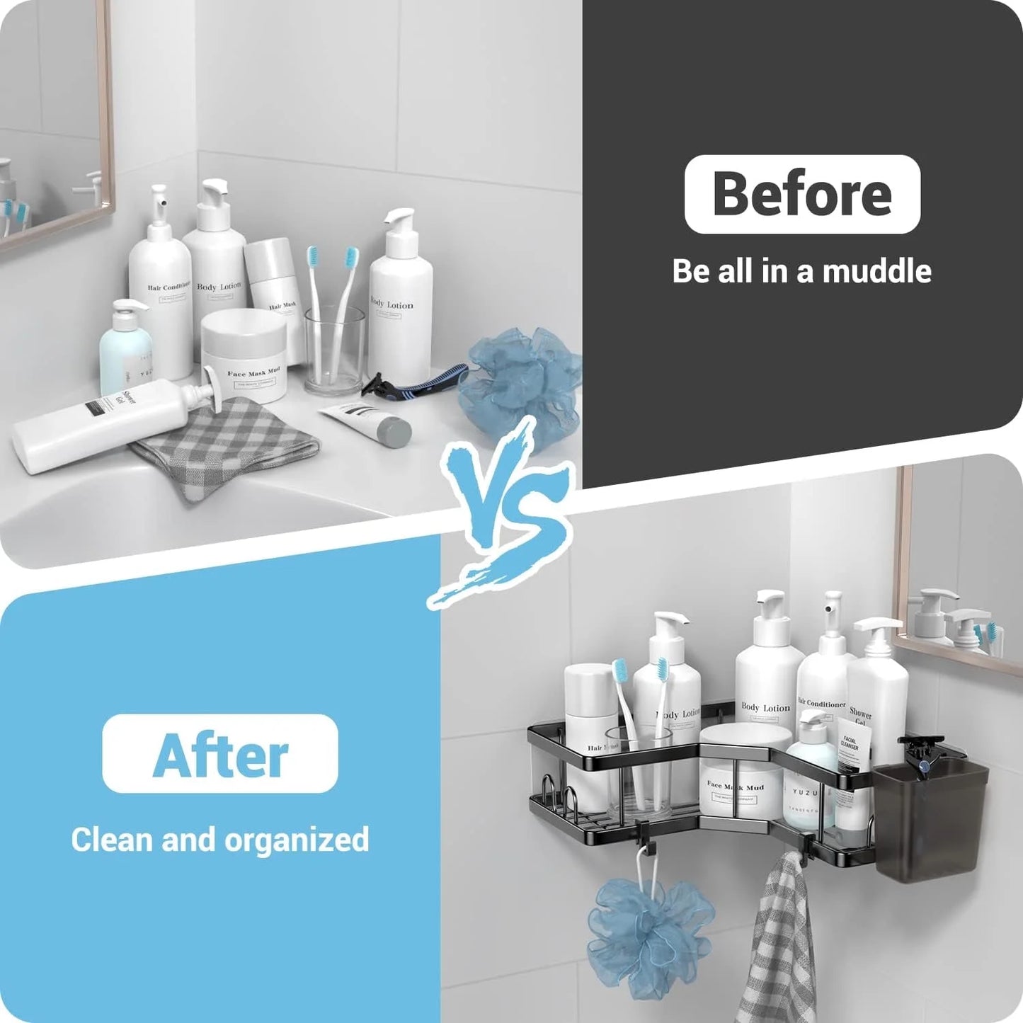Corner Shower Caddy, 2 Pack Adhesive Shower Corner Organizer Shelves, Stainless Steel Shower Storage Rack with Hooks, Toothpaste&Soap Holder, No Drilling for Bathroom, Dorm and Kitchen-Black