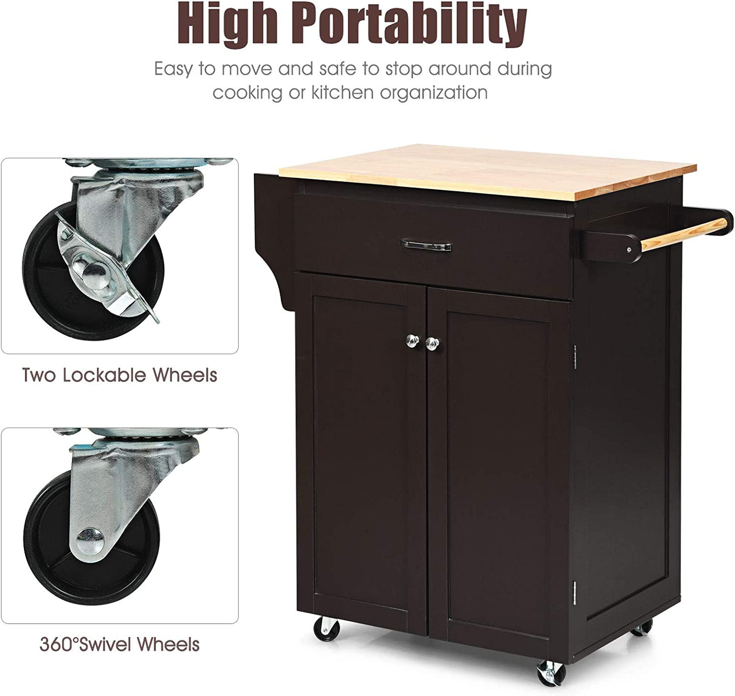 Rolling Kitchen Island, Kitchen Trolley Cart with Spice Rack, Large Drawer, Towel Rack, Storage Pantry Cabinet with Adjustable Shelf, Kitchen Cart on Wheels, Dining Room Furniture (Espresso)