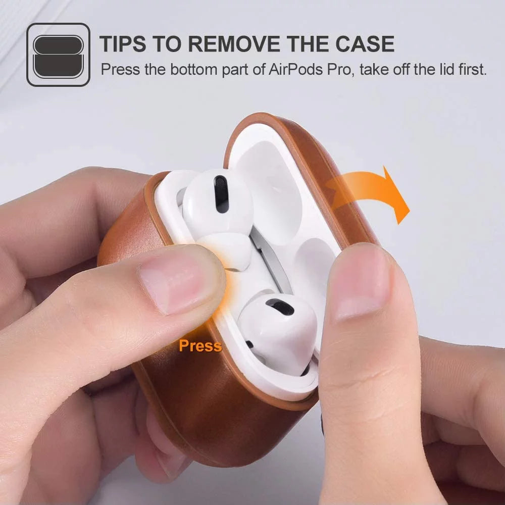 Airpods Pro Leather Case with Strap, Genuine Leather Portable Protective Shockproof Cover for Apple Airpods Pro Case Keychain Support Wireless Charging ( OLD MODEL )