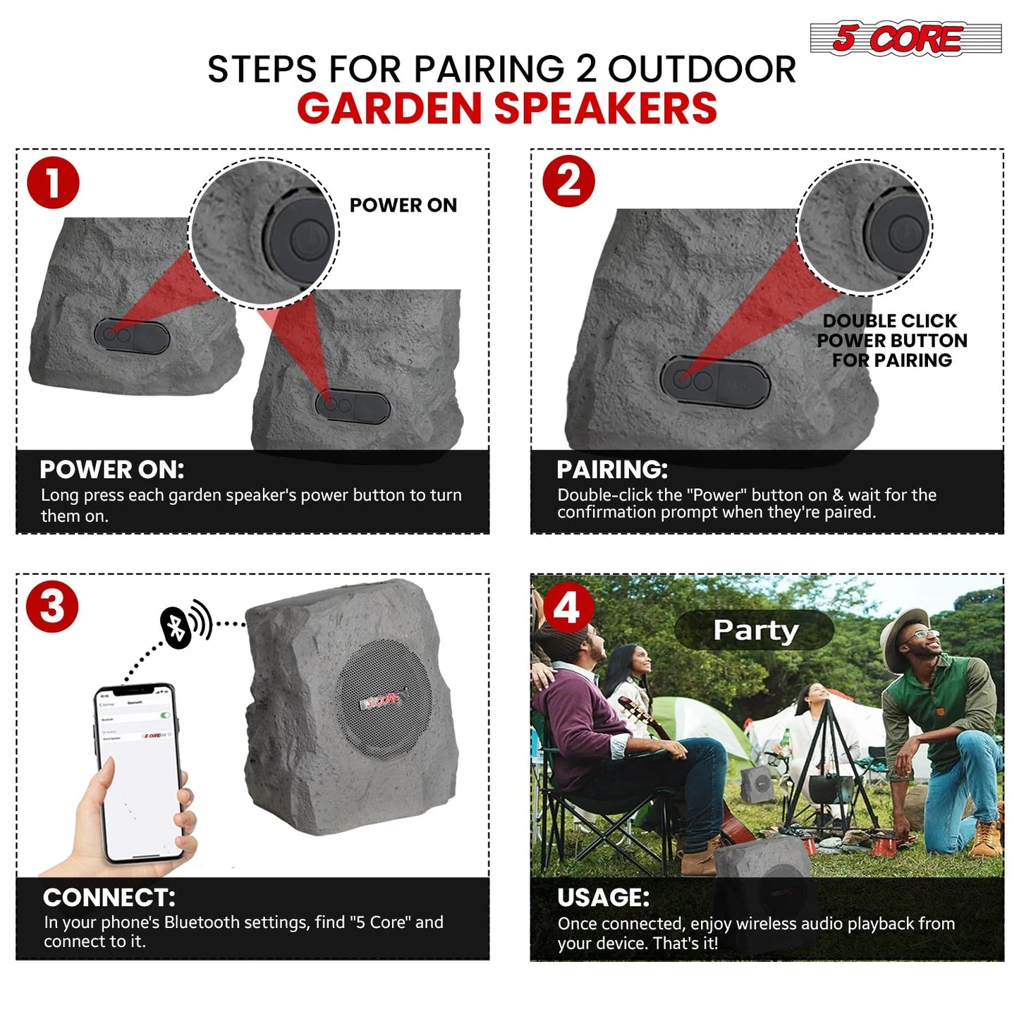 5Core Outdoor Speakers Bluetooth Waterproof Wireless Linkable TWS 10W Pool Patio Garden Rock Subwoofer