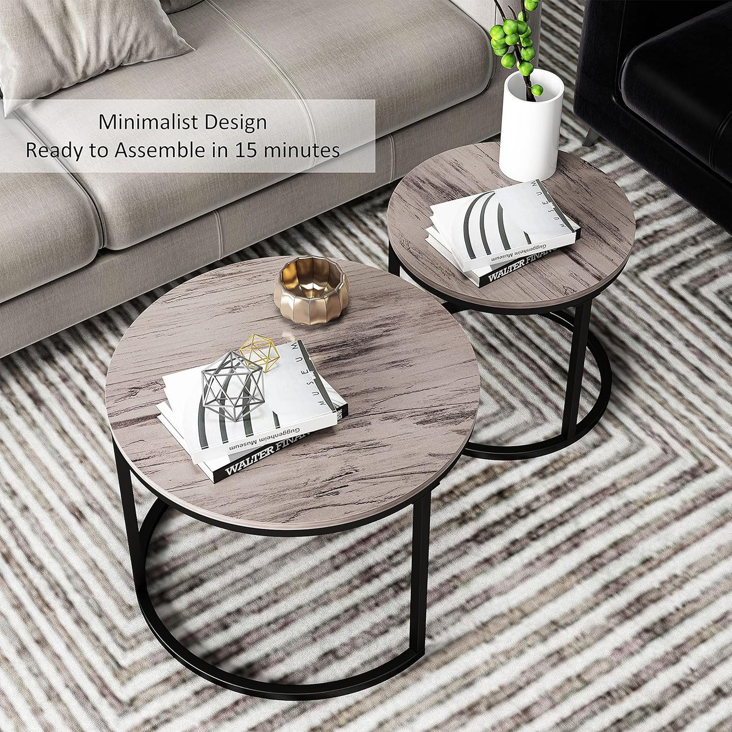 Modern Nesting Coffee Table Set of 2 for Living Room, Balcony, Garden, round Table with Wood Side, Sturdy Metal Frame, Easy Assemble,Antique Grey