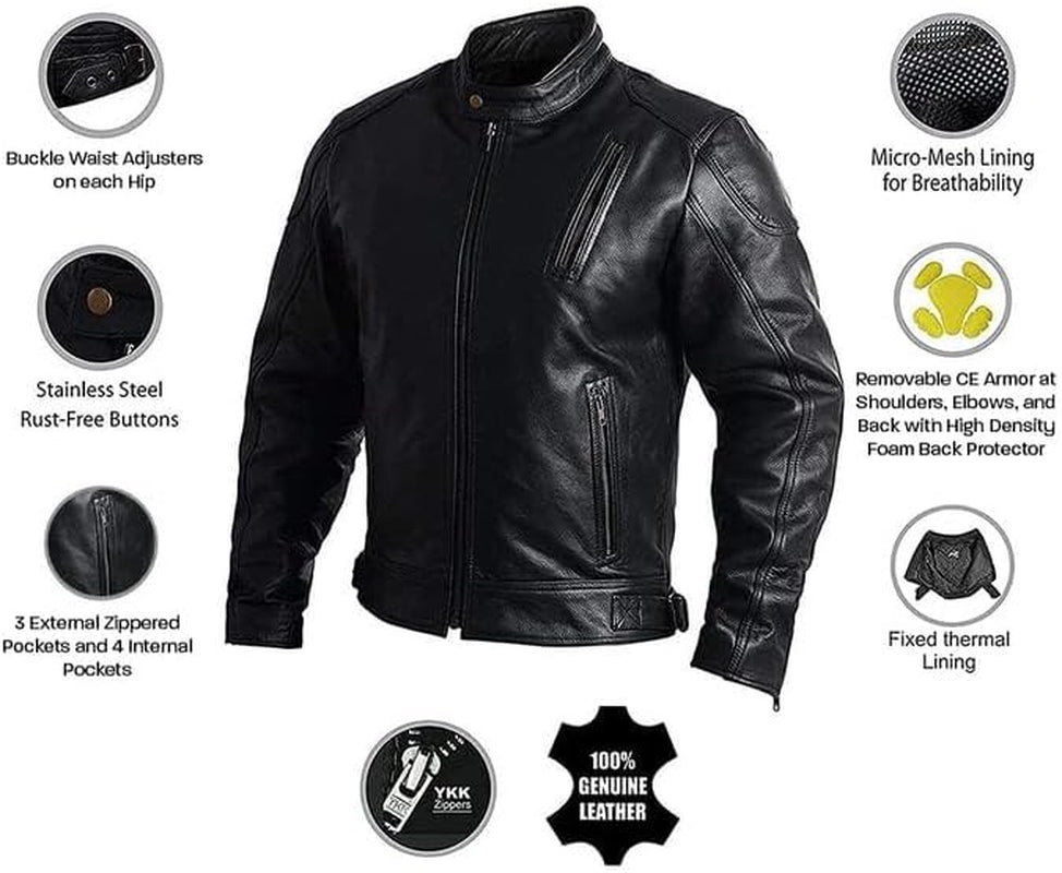 Leather Motorcycle Jacket with Armor for Men, Cafe Racer Genuine Leather Jacket for Weather Resistant Enduro Motocross, Motorbike Riding, Easy Adjust Men'S Motorcycle Jacket, Medium