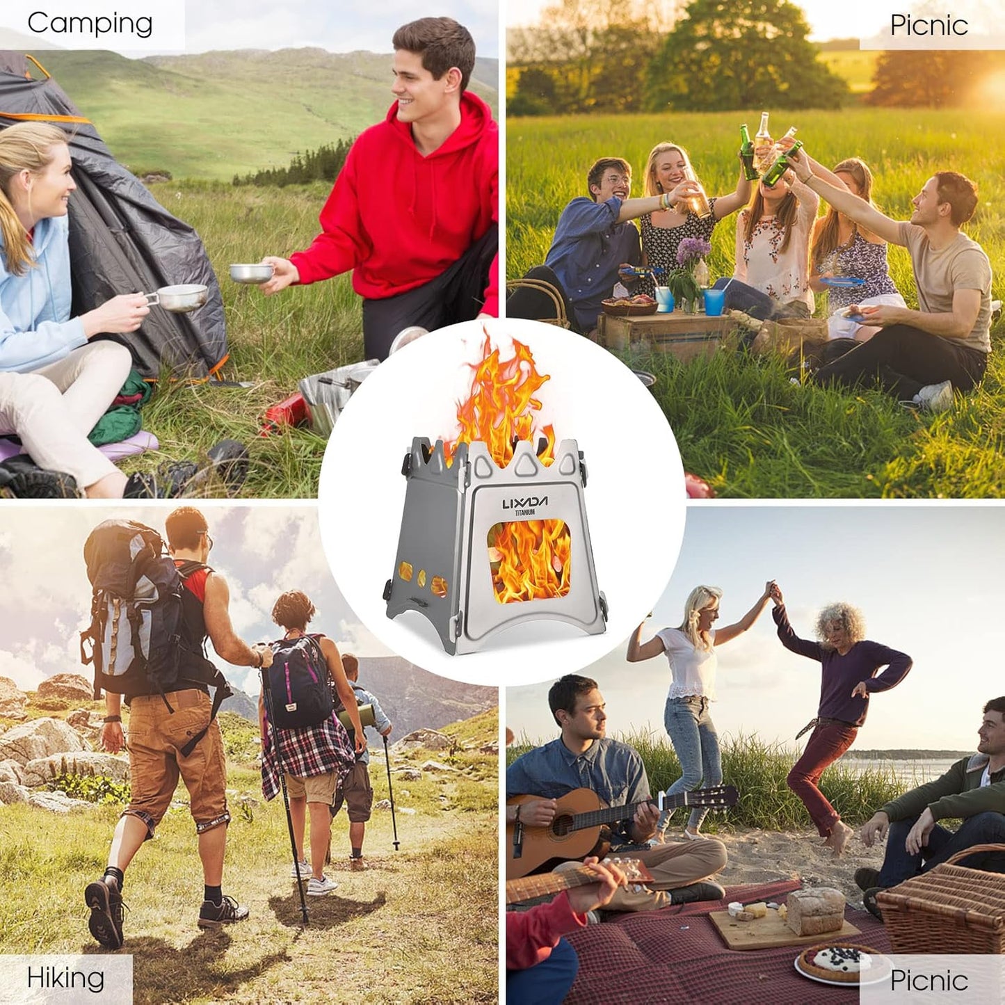 Camping Stove Titanium Wood Burning Stoves Portable Backpacking Stove with Min Titanium Alcohol Stove with Collapsible Bellow for Outdoor Camping Hiking Backpacking Picnic BBQ
