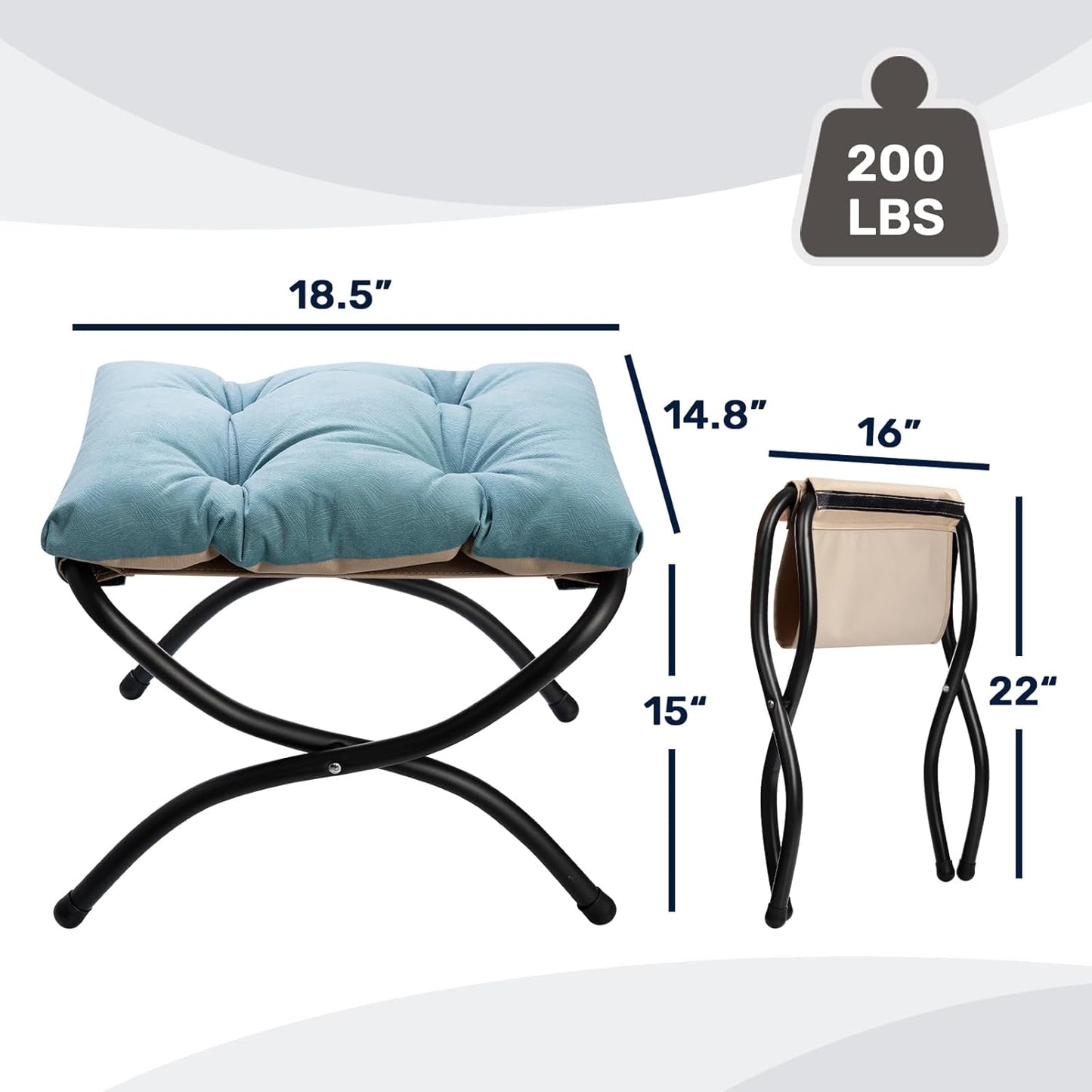 15"(H) Folding Footrest Stool, Upholstered Small Foldable Ottoman, Accent Padded Sofa Foot Stool for Lazy Chair, Metal Frame Portable Foot Rest Ottoman for Home, Living Room, Bedroom, Blue