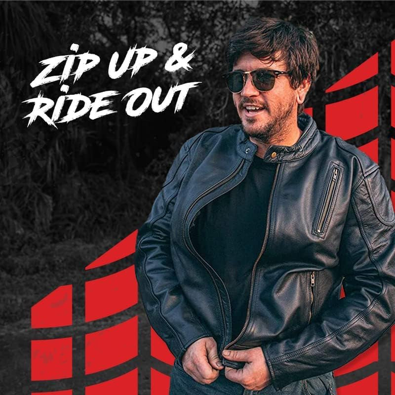 Leather Motorcycle Jacket with Armor for Men, Cafe Racer Genuine Leather Jacket for Weather Resistant Enduro Motocross, Motorbike Riding, Easy Adjust Men'S Motorcycle Jacket, Medium