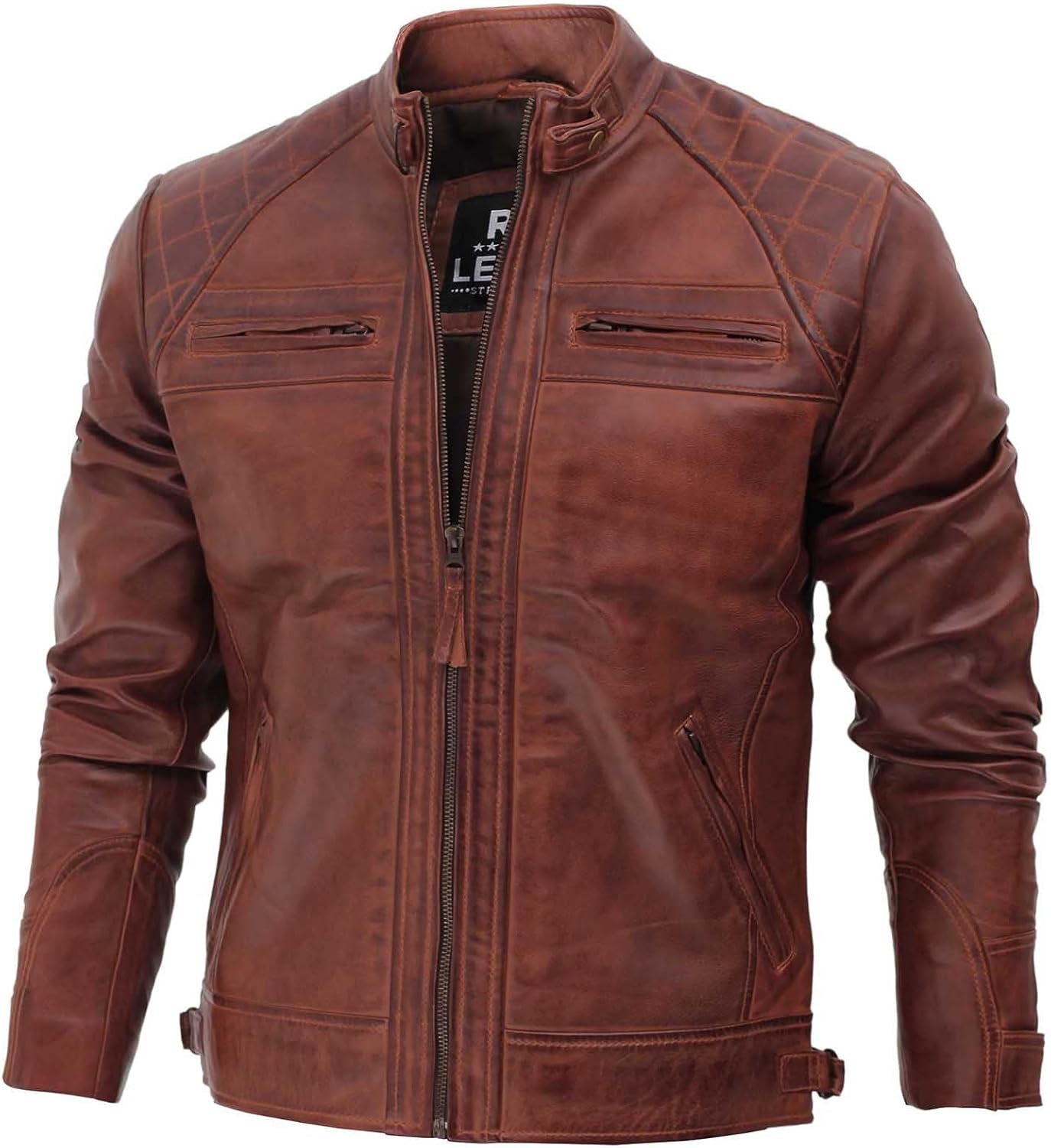 Real Lambskin Leather Biker Jacket - Quilted Cafe Racer Zip up Moto Jackets Men