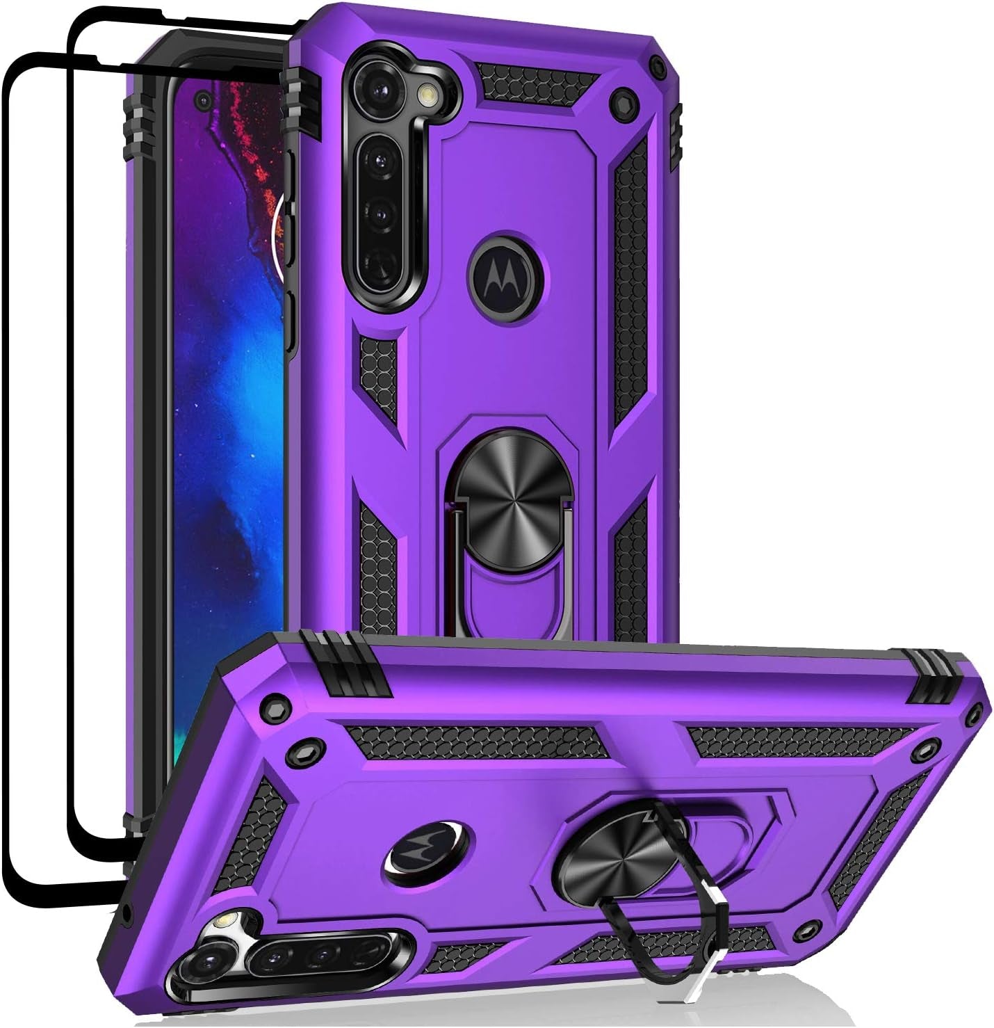 Moto G Stylus (2020) Case, Moto G Pro (2020) Case, with Tempered Glass Screen Protectors, Ring Kickstand Car Mount Shockproof Cover Case for Motorola Moto G Stylus/Pro, Purple