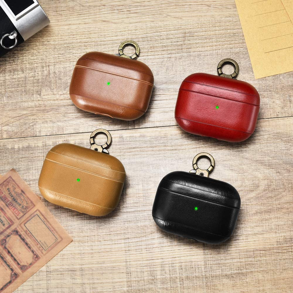 Airpods Pro Leather Case with Strap, Genuine Leather Portable Protective Shockproof Cover for Apple Airpods Pro Case Keychain Support Wireless Charging ( OLD MODEL )