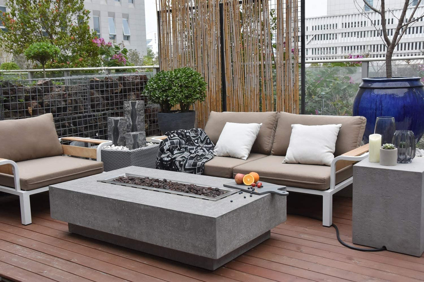 Hampton Outdoor Fire Pit Table 56 Inches Rectangular Firepit Concrete Patio Heater Electronic Ignition Backyard Fireplace Cover Lava Rock Included, Liquid Propane