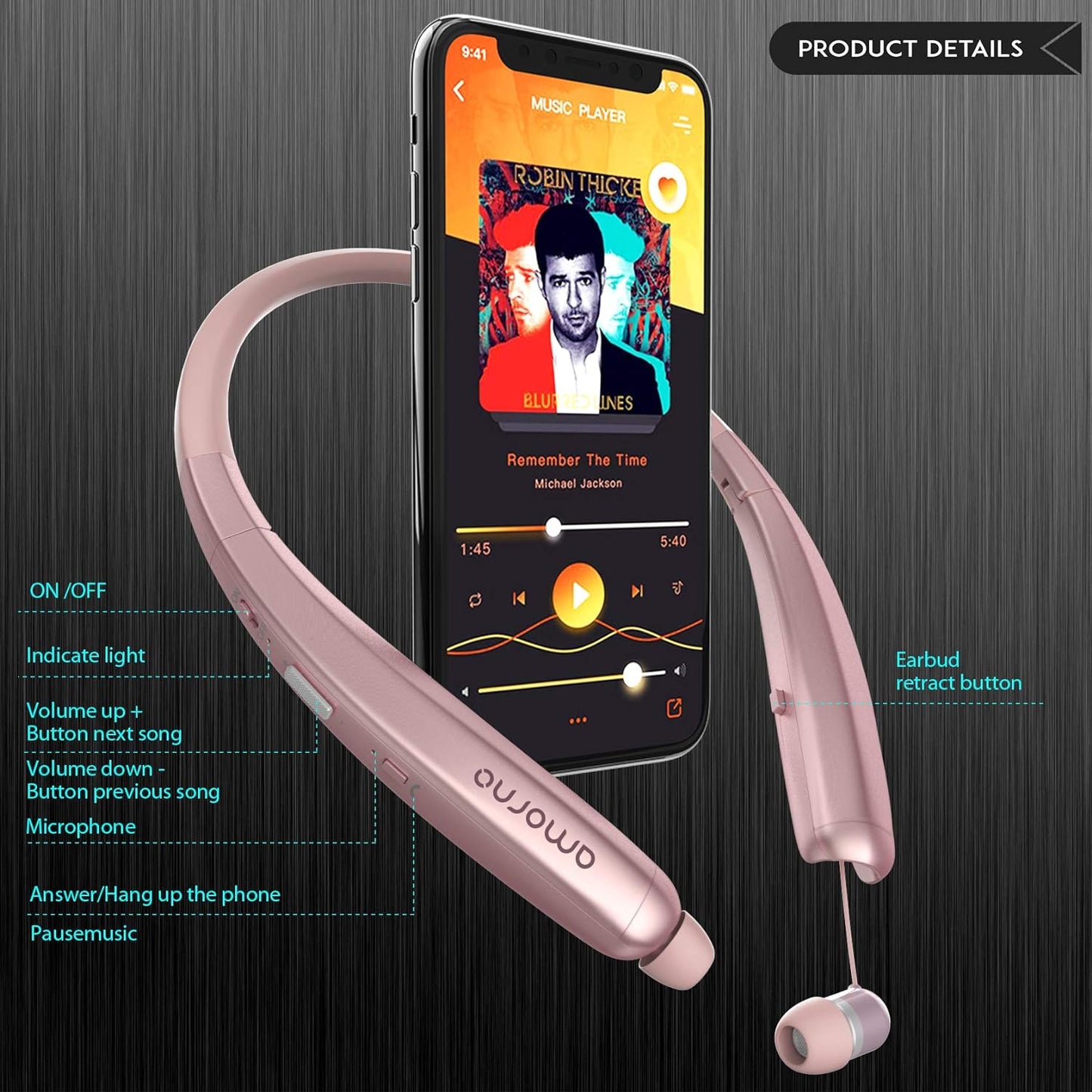 Foldable Bluetooth Headphones, Wireless Neckband Sports Headset with Retractable Earbuds, Sweatproof Noise Cancelling Stereo Earphones with Mic & Carrying Case (Gold)