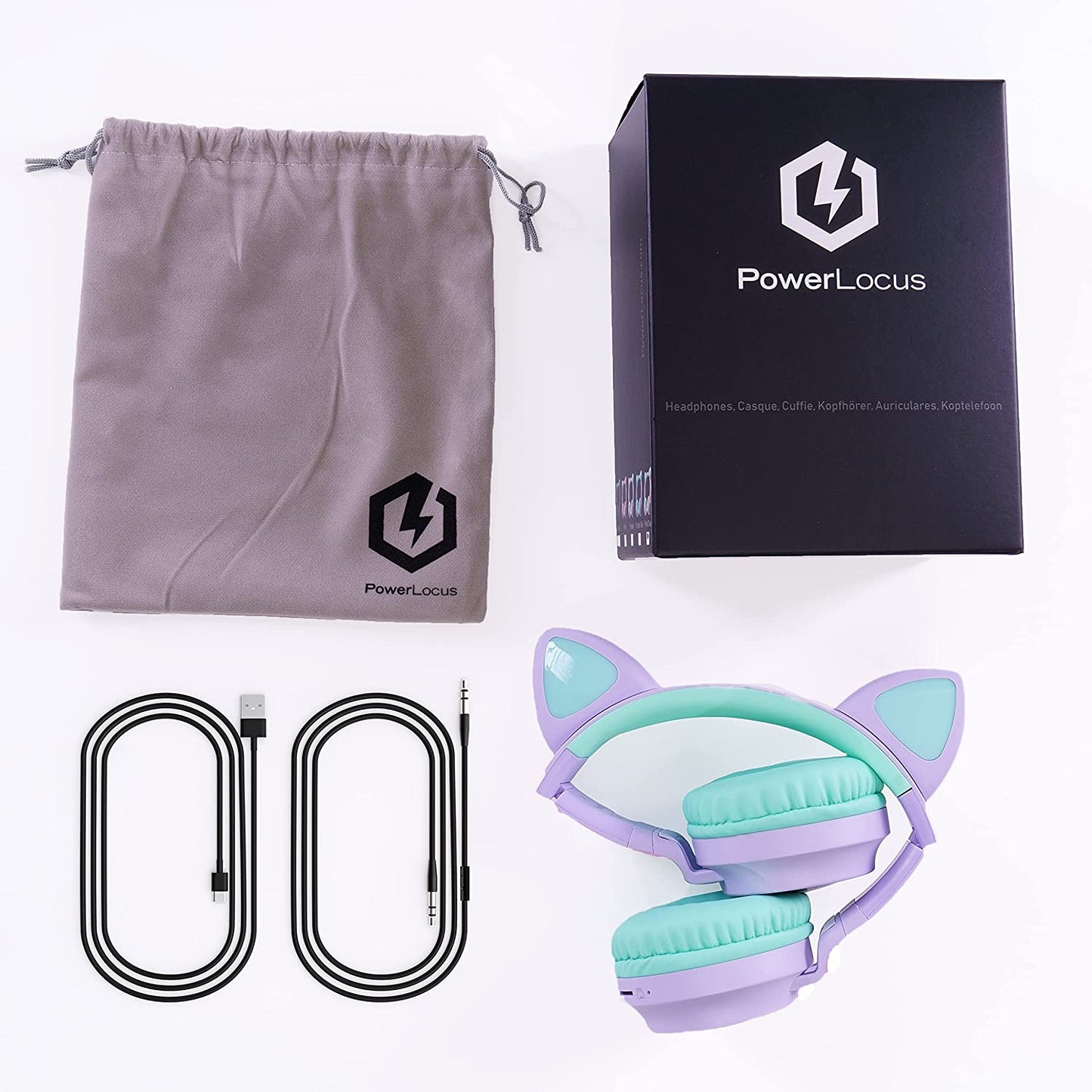 Kids Cat Ear Headphones, Kids Bluetooth Headphones, LED Lights Up, Safe Volume Limit, Micro SD/TF, Bluetooth 5.3, Kids Headphones Wireless for Ipad, Travel,Tablet (Purple/Teal)
