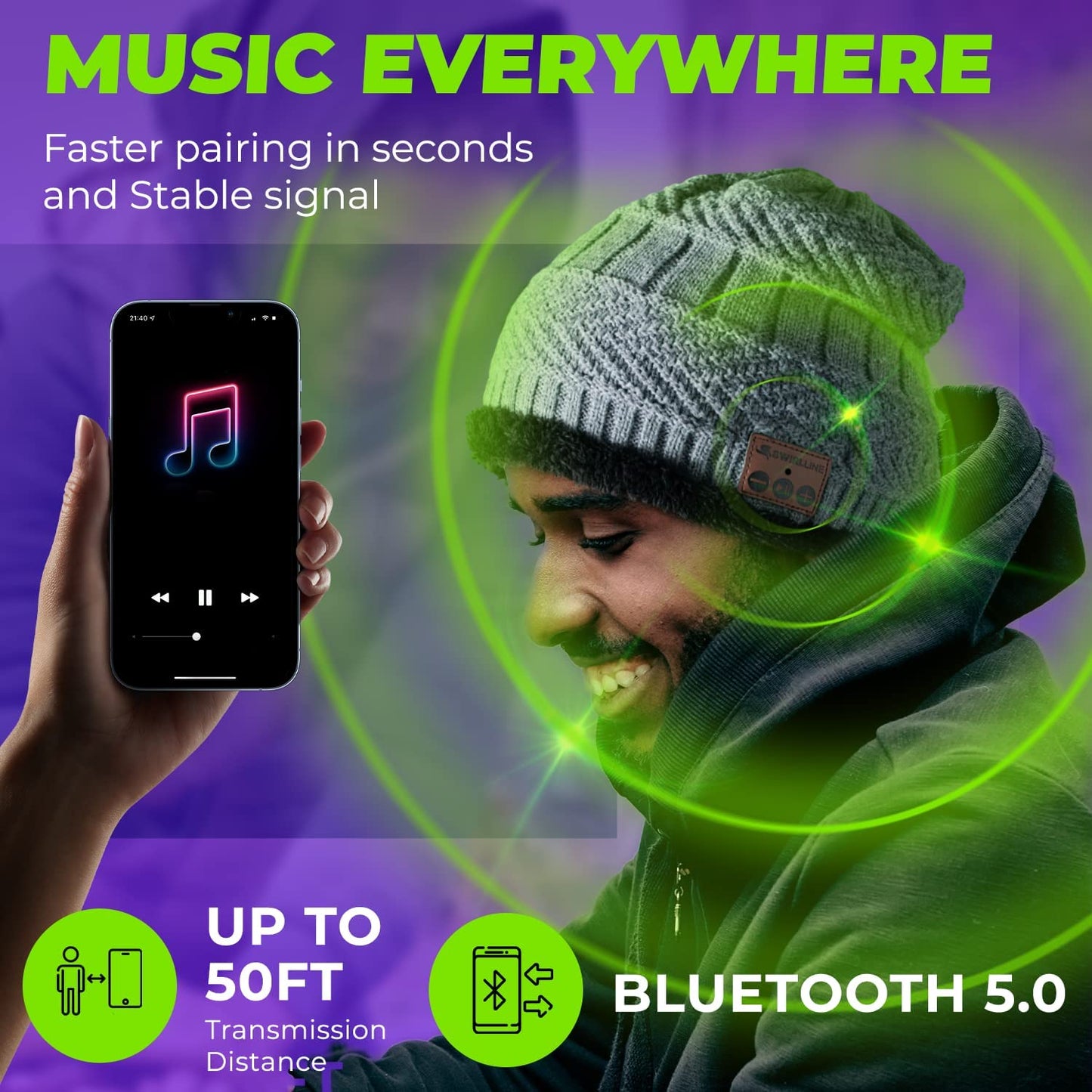 Wireless Beanie - Wireless Headphones Hat and Scarf Set for Winter Outdoor Men Women Warm Knitted Music Hat with Backpack - Built-In Microphone