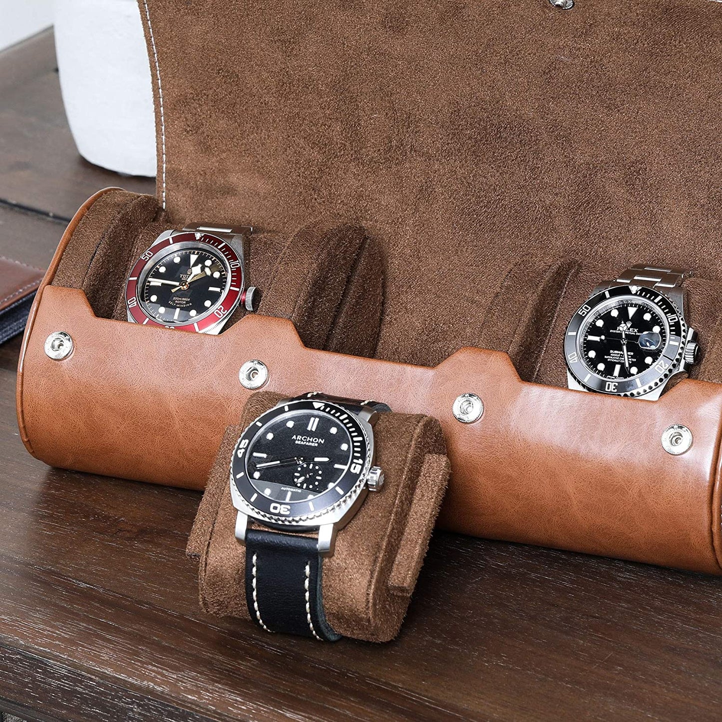 Watch Roll Travel Case for 3 Watches | Tough Portable Protection, Fits All Wrist Watches & Smart Watches up to 50Mm (Tan/Brown)