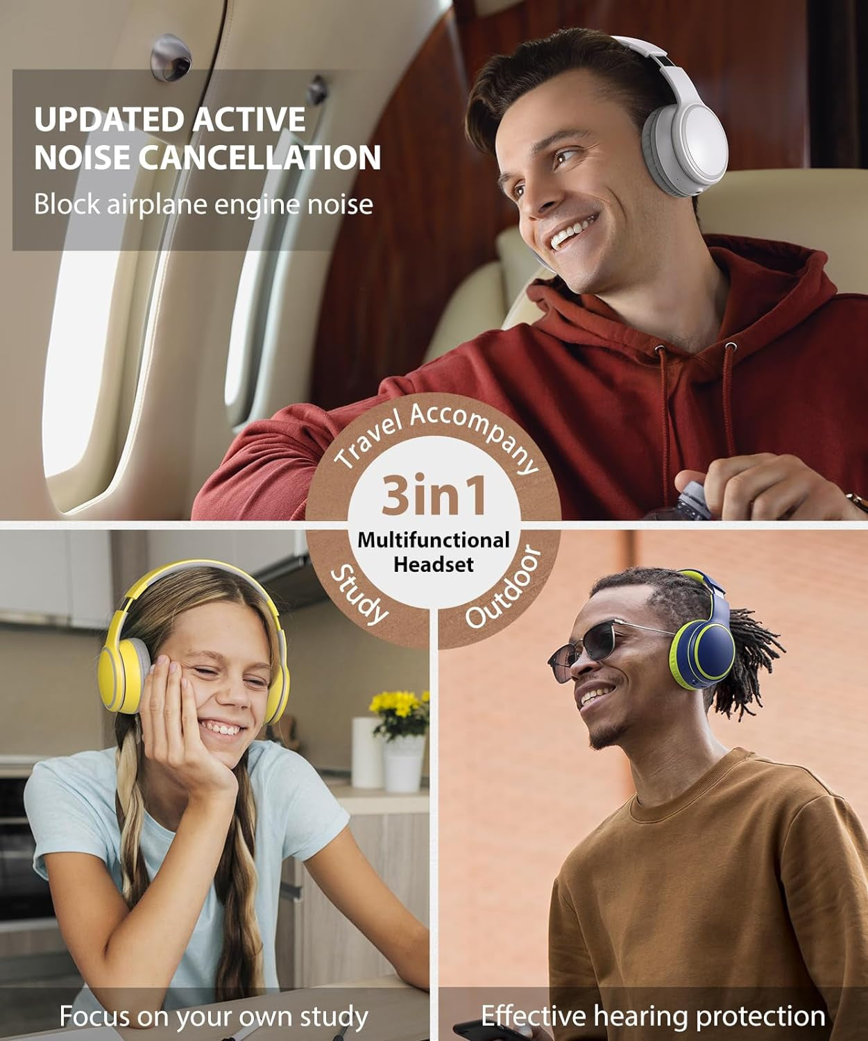 E9 over Ear Bluetooth Headphones for Kids Children Boy Girl Adult, Stereo Foldable Wired/Wireless Headphones with Microphone for School Travel Tablet PC TV, Include Case, White Grey