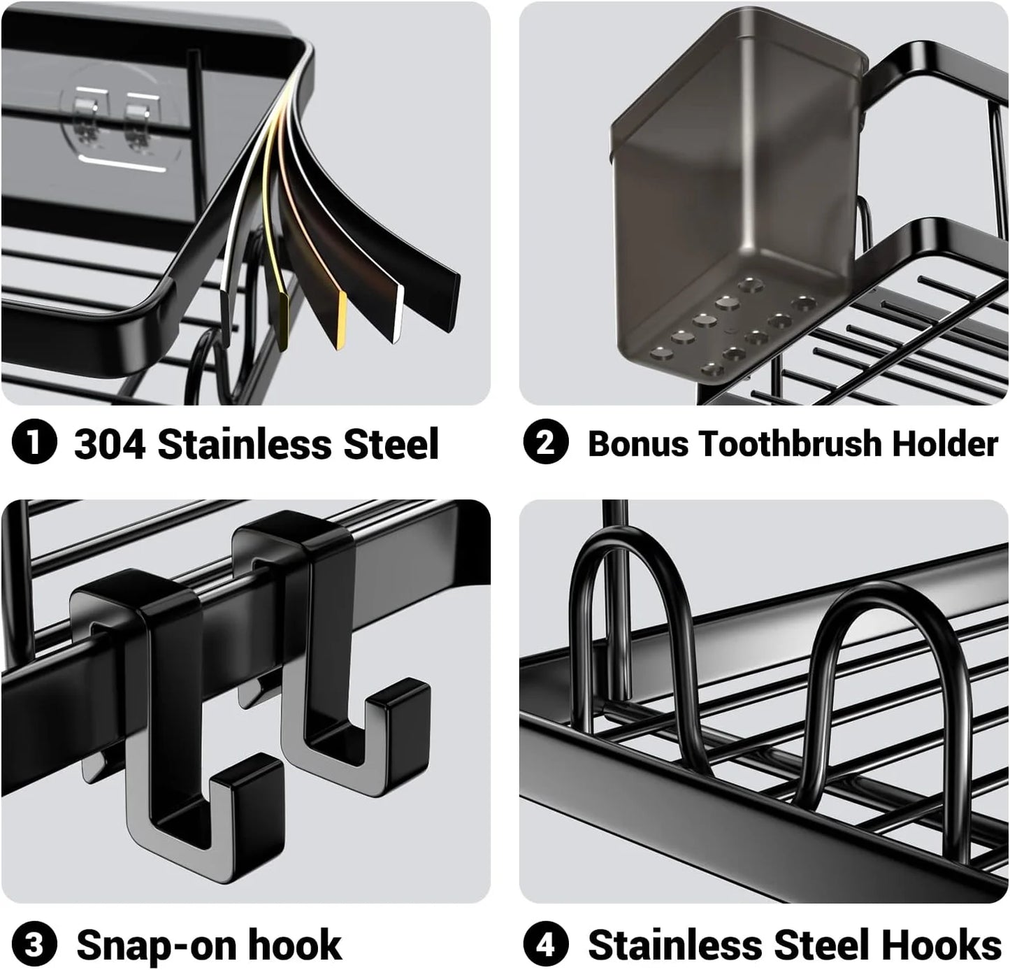Corner Shower Caddy, 2 Pack Adhesive Shower Corner Organizer Shelves, Stainless Steel Shower Storage Rack with Hooks, Toothpaste&Soap Holder, No Drilling for Bathroom, Dorm and Kitchen-Black