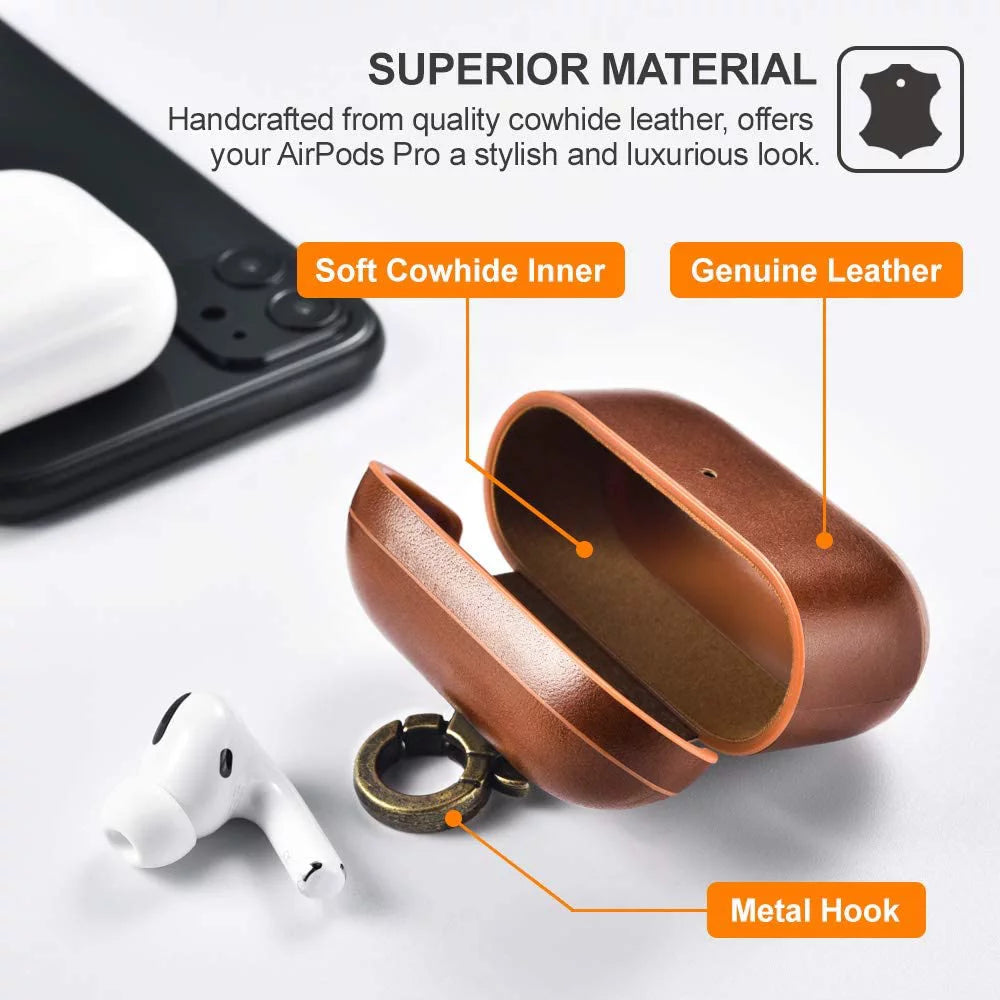 Airpods Pro Leather Case with Strap, Genuine Leather Portable Protective Shockproof Cover for Apple Airpods Pro Case Keychain Support Wireless Charging ( OLD MODEL )