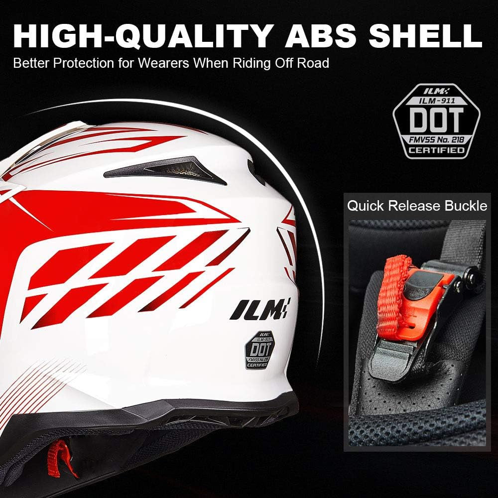 Adult ATV Motocross Off-Road Street Dirt Bike Full Face Motorcycle Helmet DOT Approved Dual Sports Suits Men Women Model 911(L, Red White)