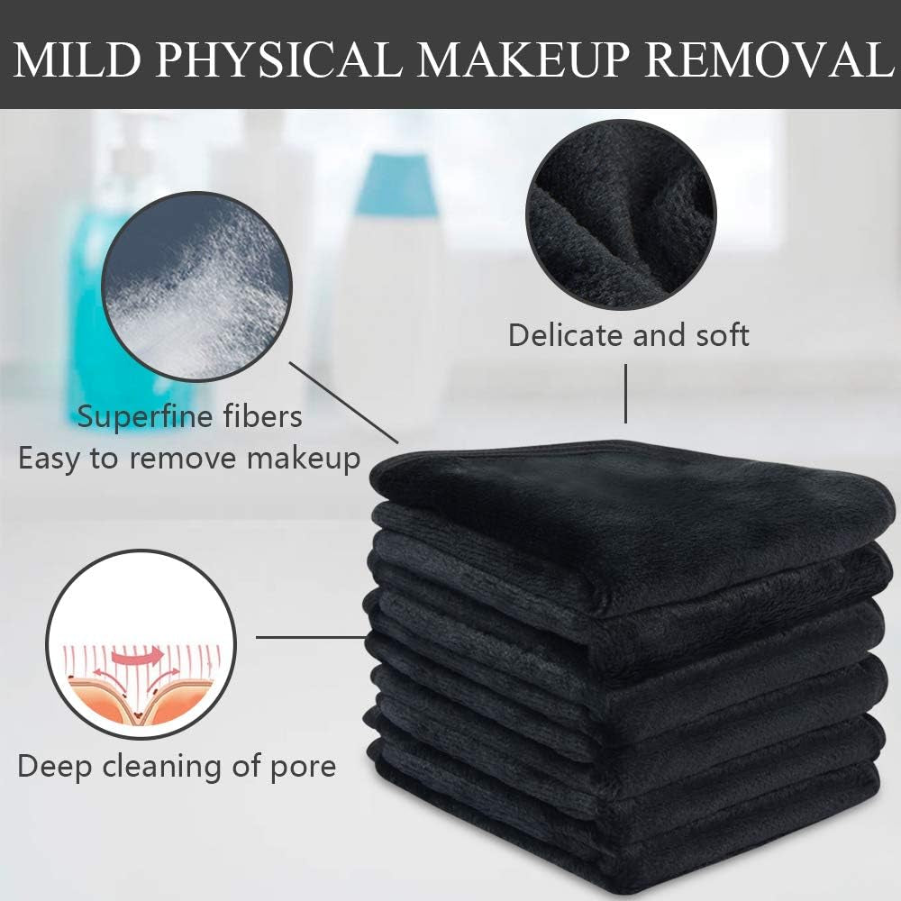 Microfiber Makeup Remover Cloths Reusable Face Towel Soft Facial and Skin Care Wash Cloth 9.8Inchx9.8Inch 6 Pack Black
