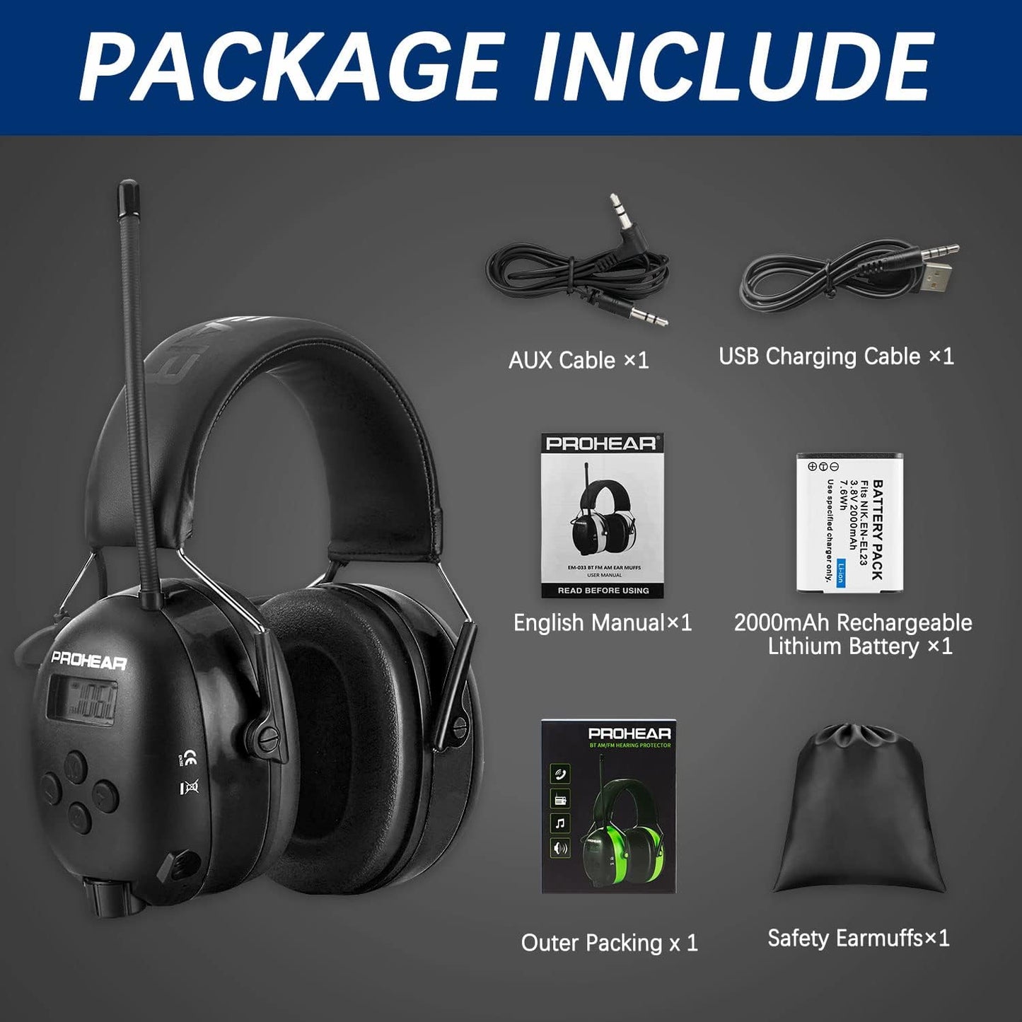033 Upgraded 5.3 Bluetooth Hearing Protection AM FM Radio Headphones, Noise Reduction Safety Earmuffs with Rechargeable 2000 Mah Battery, Ear Protector for Mowing Lawn Work - Black